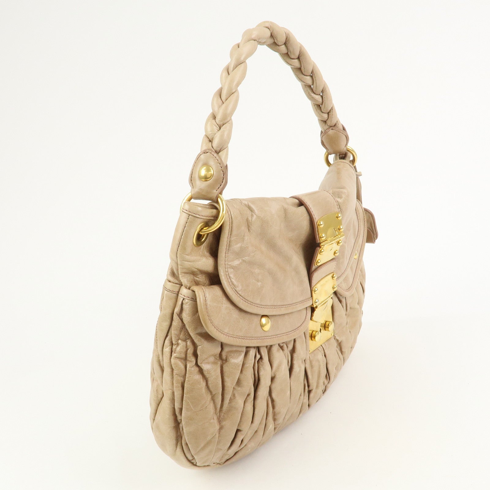 MIU MIU Matelasse Leather Hand Bag Light Brown RR1300