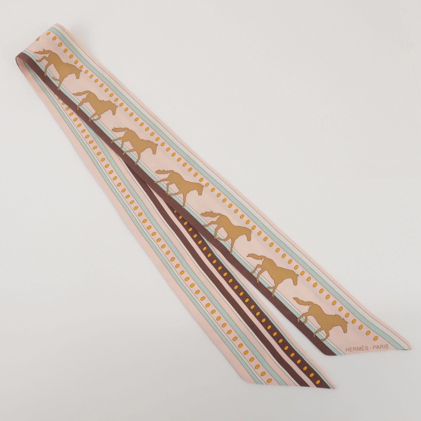 HERMES Twilly 100% Silk Scarf Sequence Pink Brown