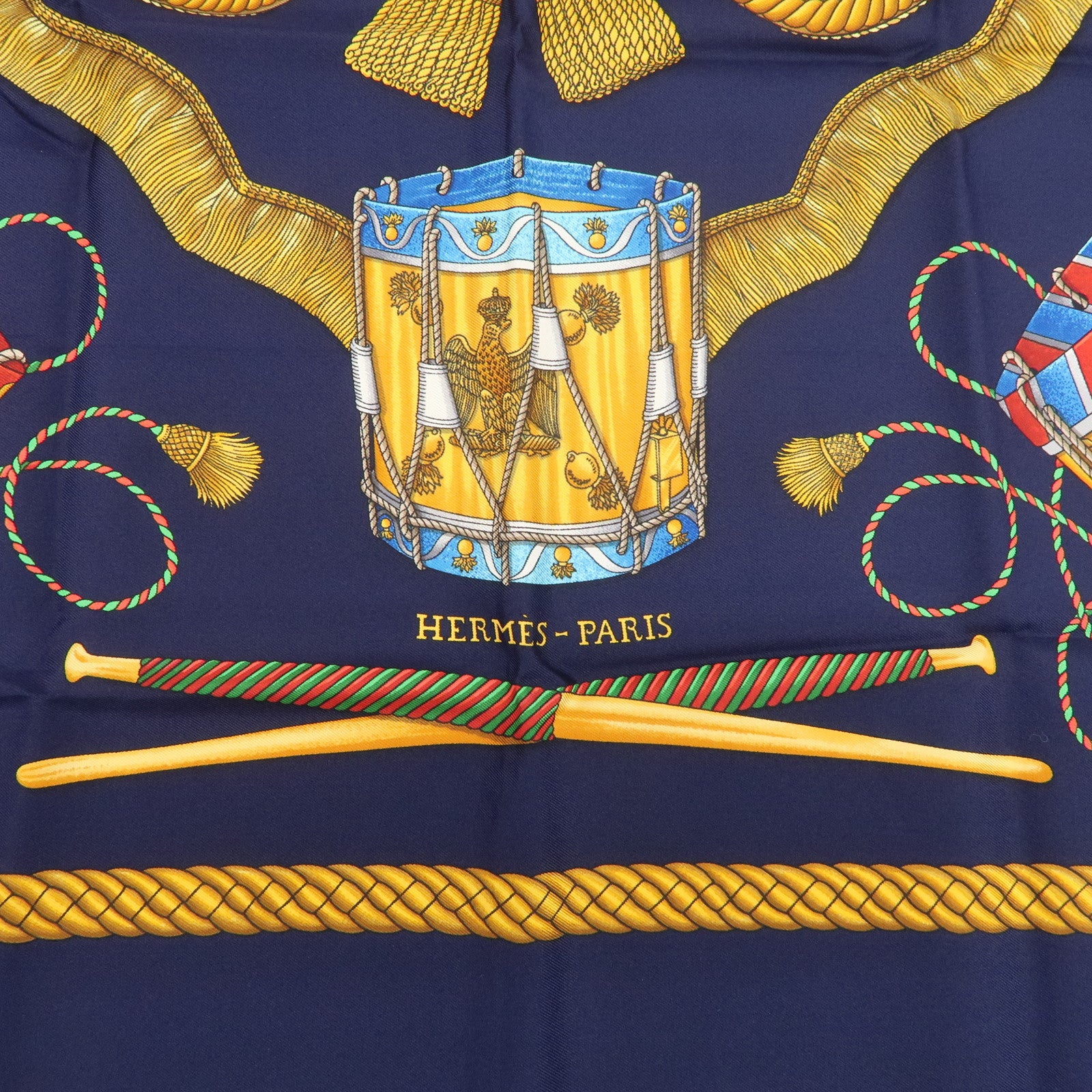 HERMES Carre 90 Silk 100% LES TAMBOURS Scarf Navy Gold