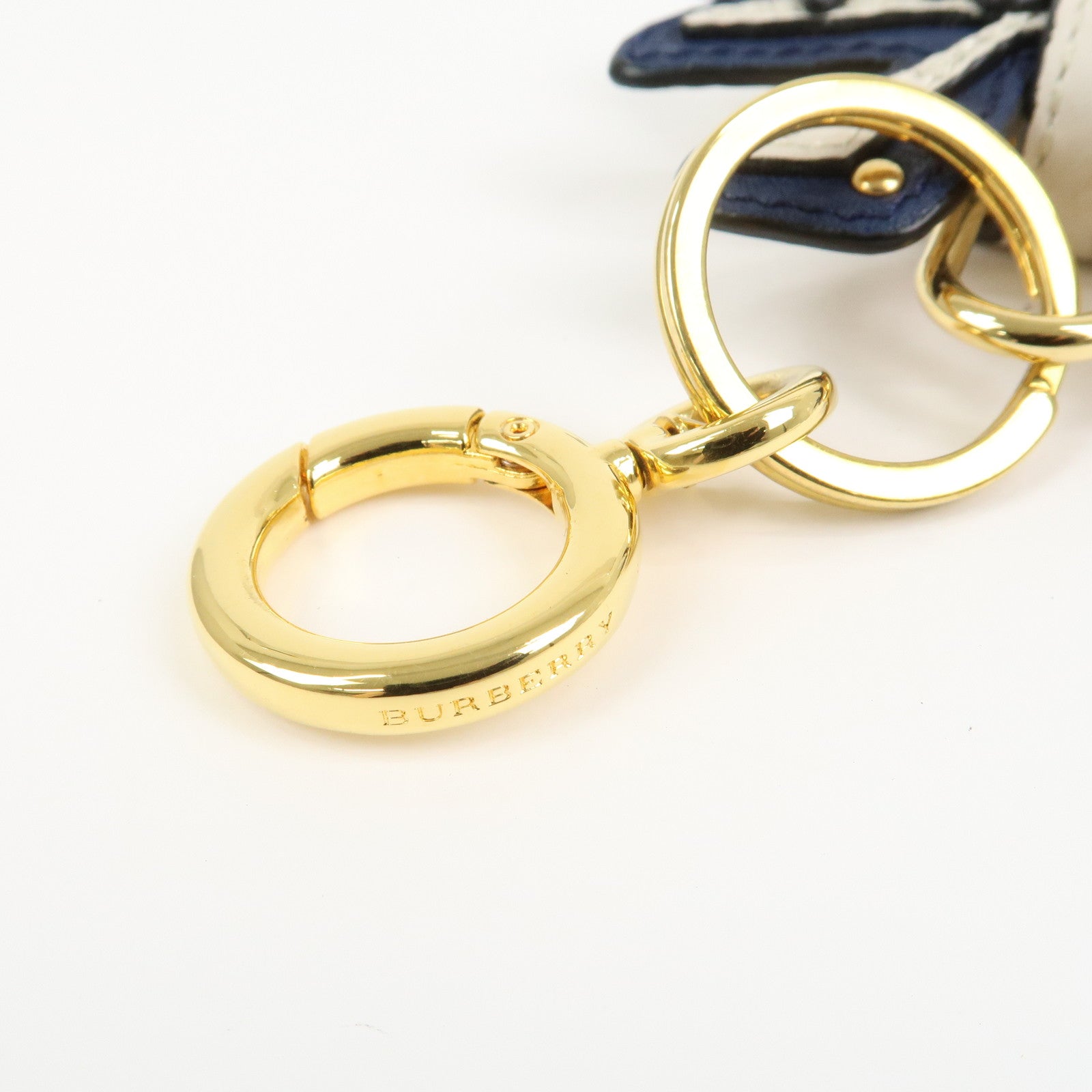 BURBERRY Leather Metal Bag Charm Key Holder Navy Gold