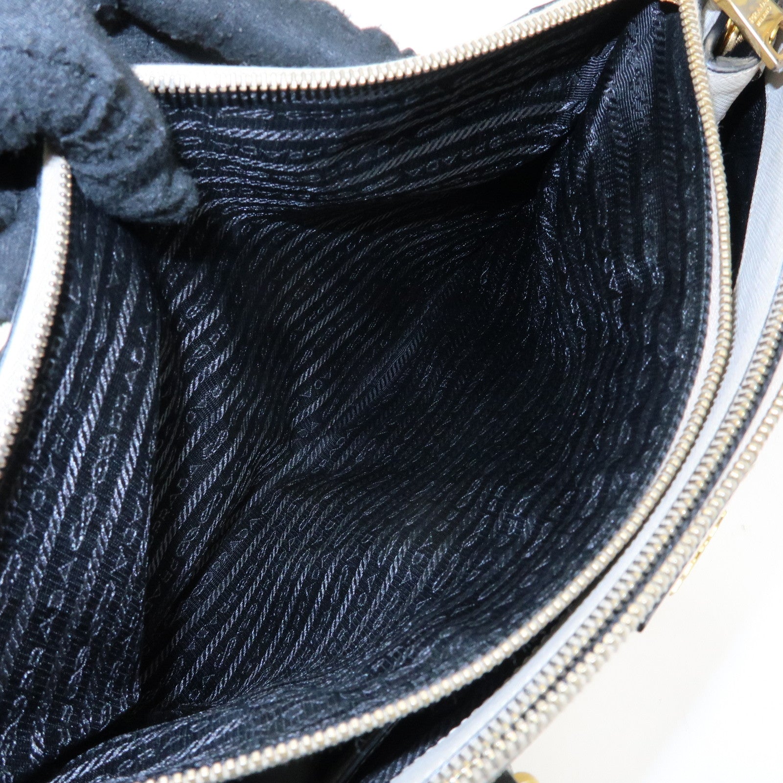 PRADA Triangle Logo Saffiano Leather Hand Bag Tote Bag Ivory Black