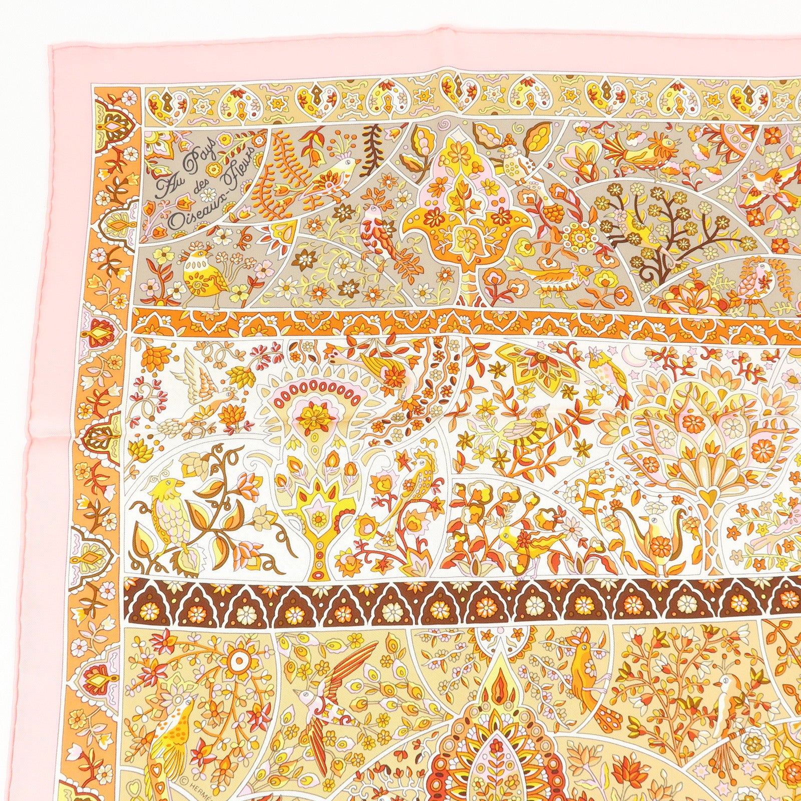 HERMES Carre 90 Silk 100% Scarf Au Pays des Oiseaux Fleurs Beige