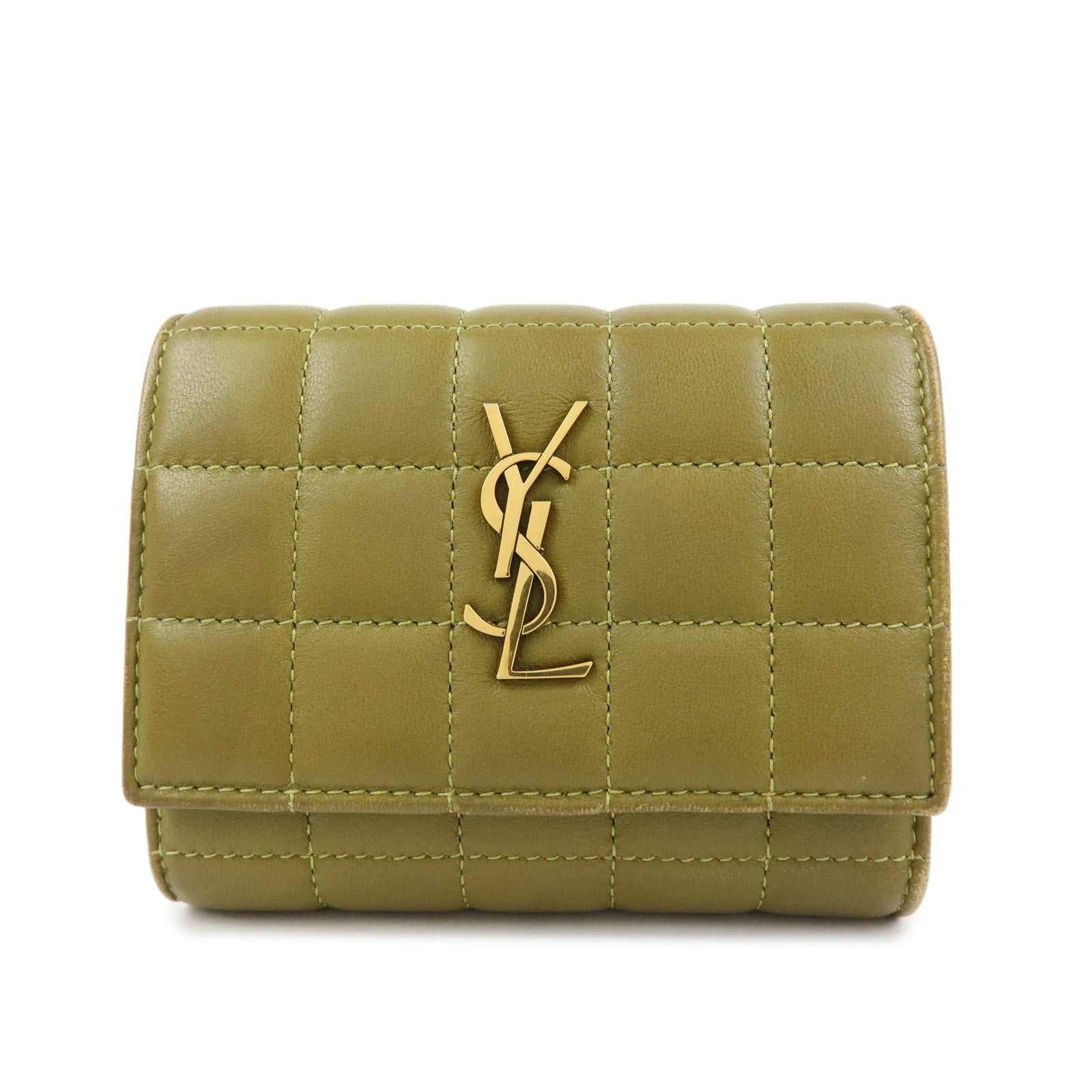 SAINT LAURENT PARIS Cassandra Leather Tri-Fold Wallet Khaki