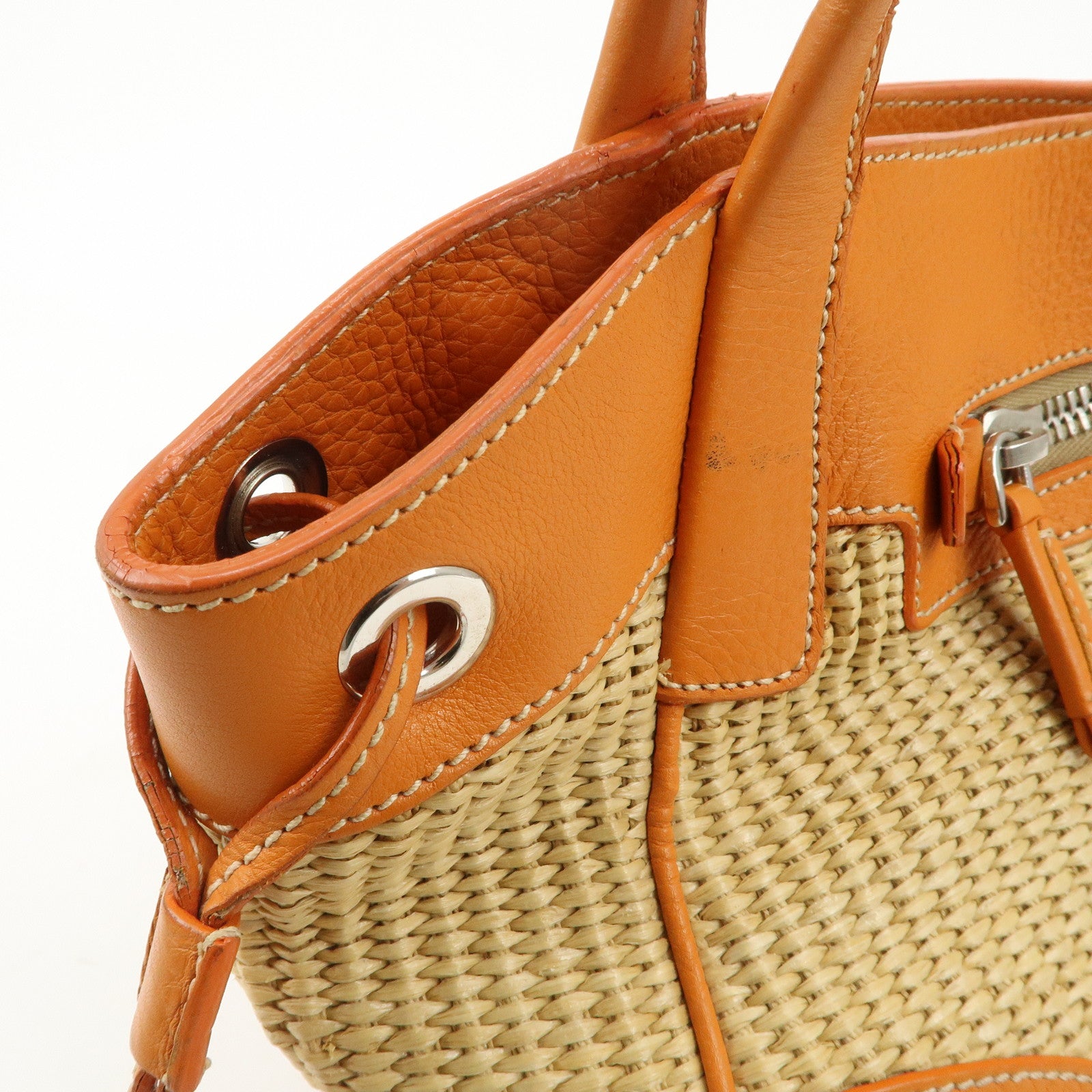 PRADA Triangle Logo Raffia Leather Shoulder Bag Beige Orange