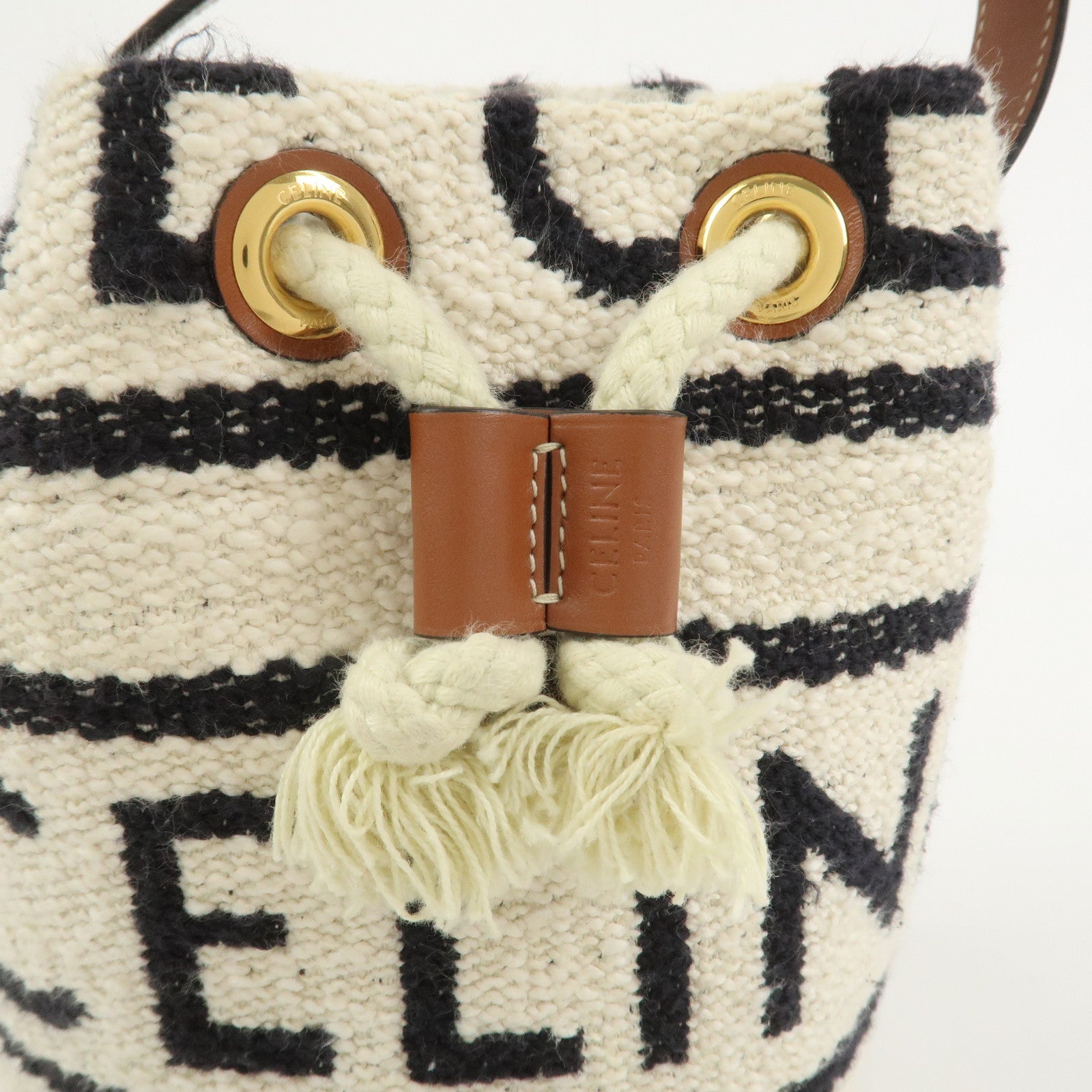 CELINE Teen Drawstring Canvas Leather Hand Bag Natural Brown