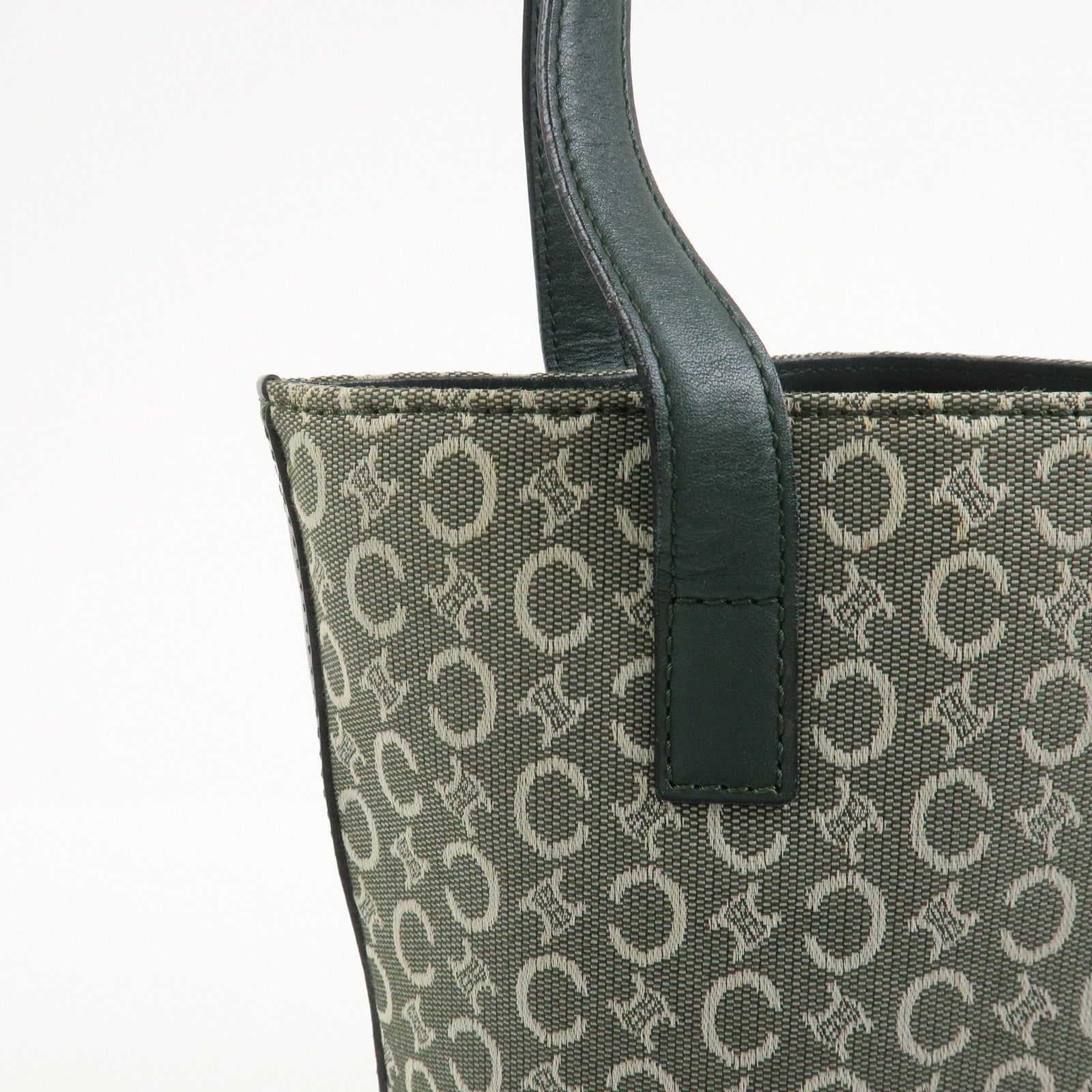 CELINE C Macadam Canvas Leather Tote Bag Shoulder Bag Dark Green