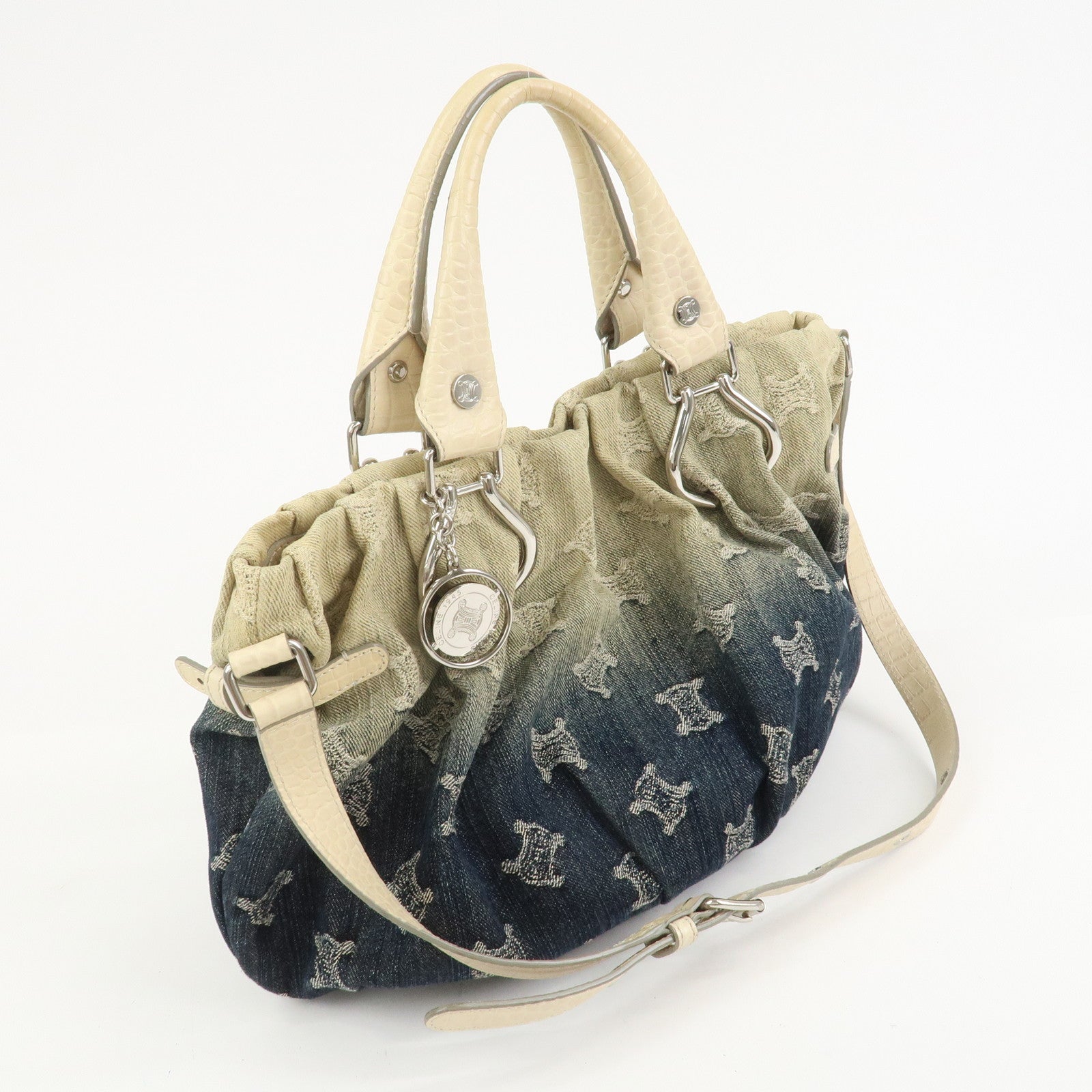 CELINE Macadam Denim Embossed Leather 2WAY Bag Hand Bag Blue Ivory