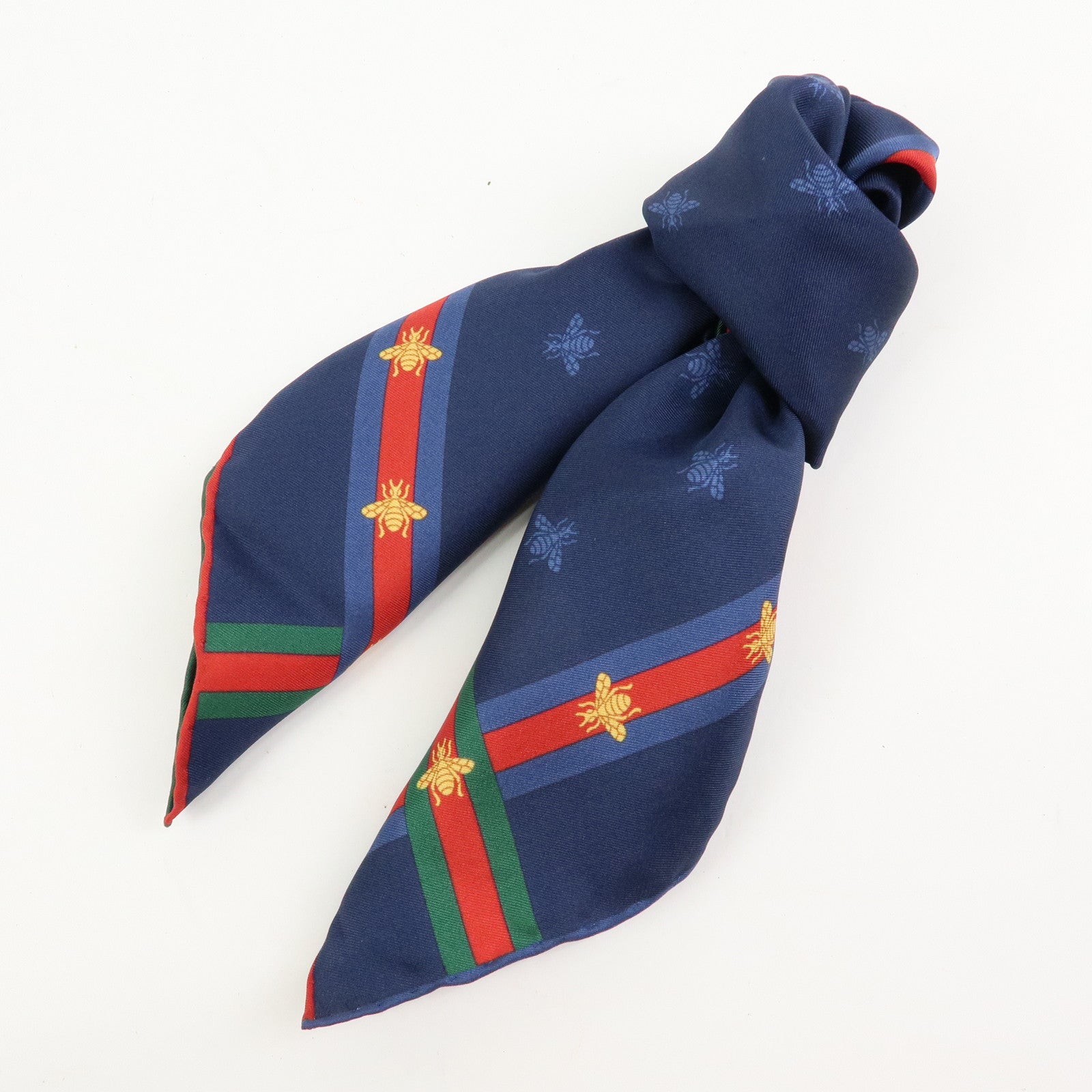 GUCCI Silk 100% Scarf 42x42 Bee Motif Navy