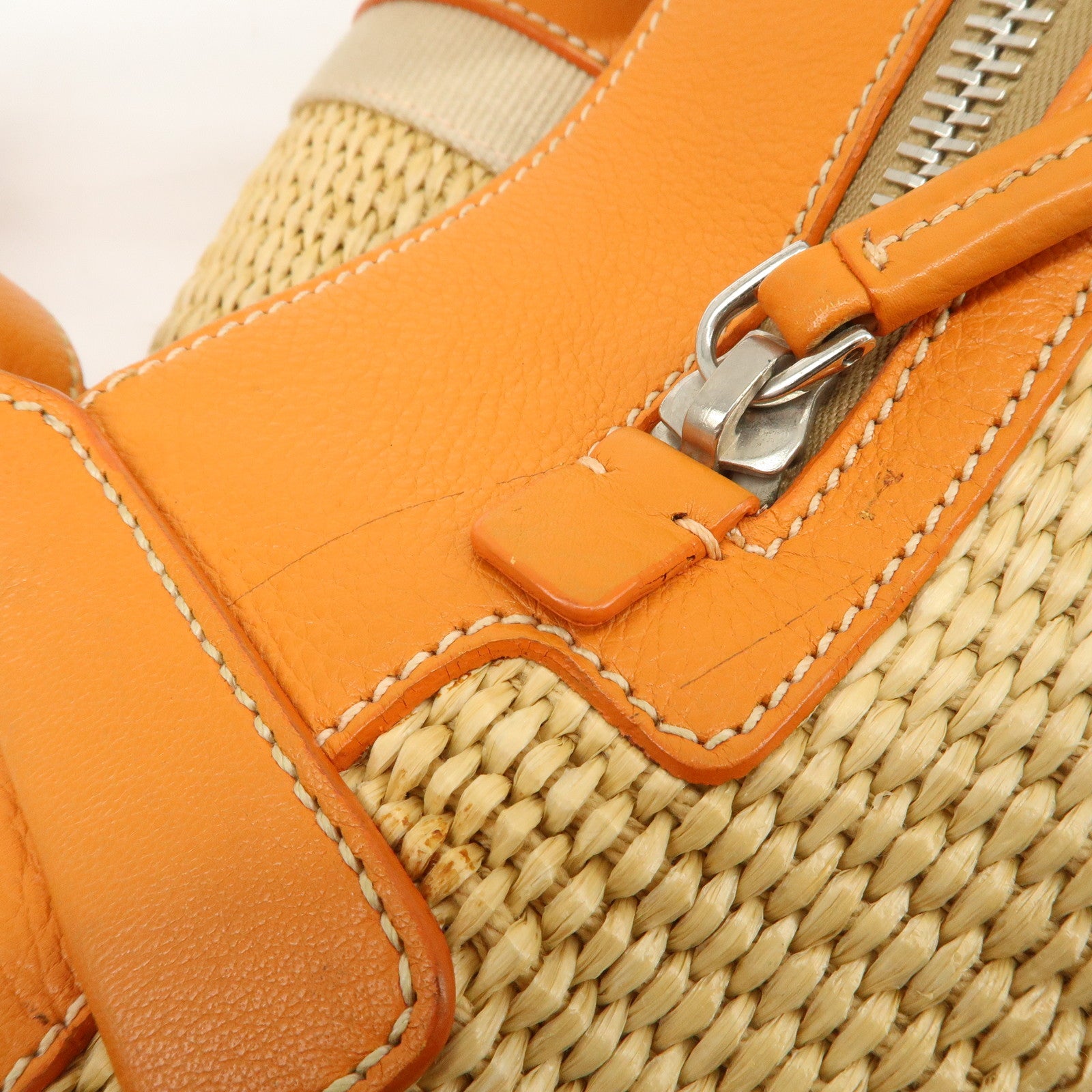 PRADA Triangle Logo Raffia Leather Shoulder Bag Beige Orange