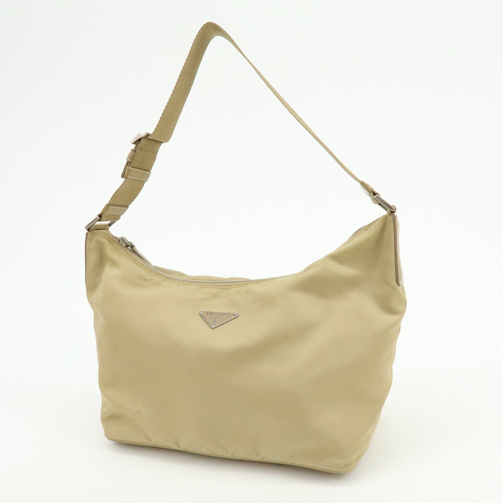 PRADA Triangle Logo Nylon Leather Shoulder Bag Hand Bag Beige