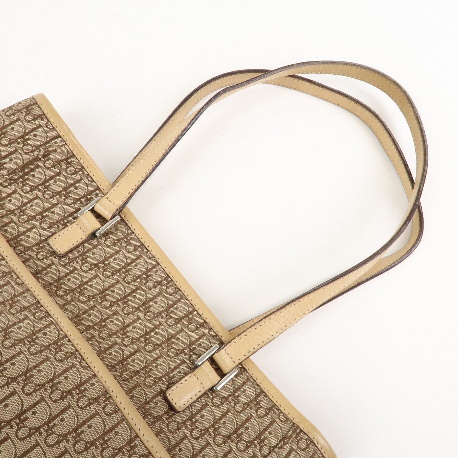 Christian Dior Trotter Leather Canvas Tote Bag Shoulder Bag Beige