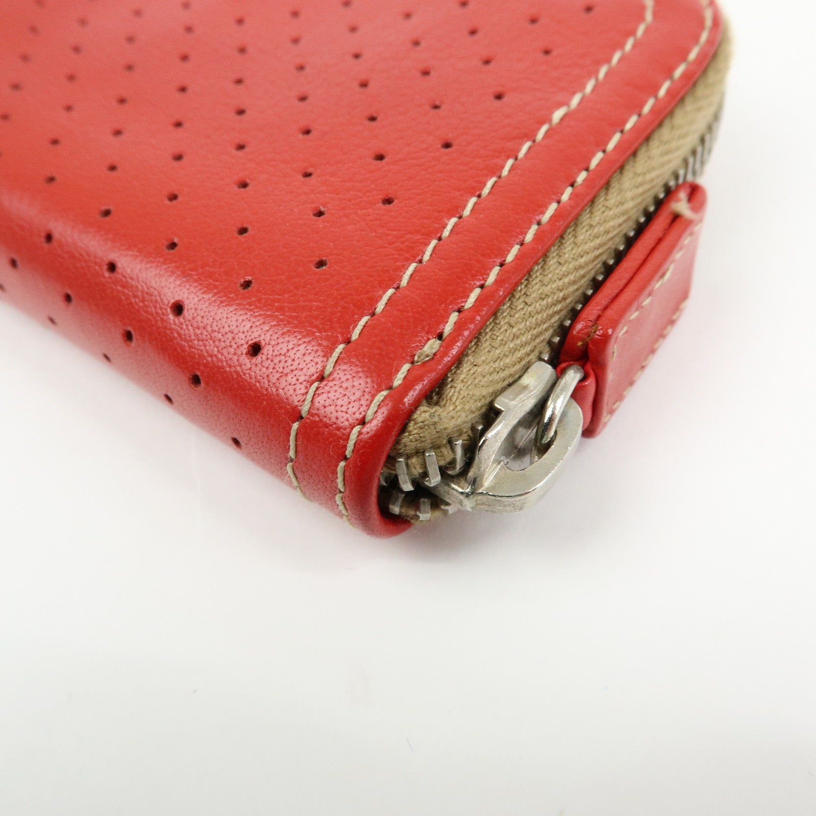 PRADA Triangle Logo Punched Leather Round Zippy Coin Case Red