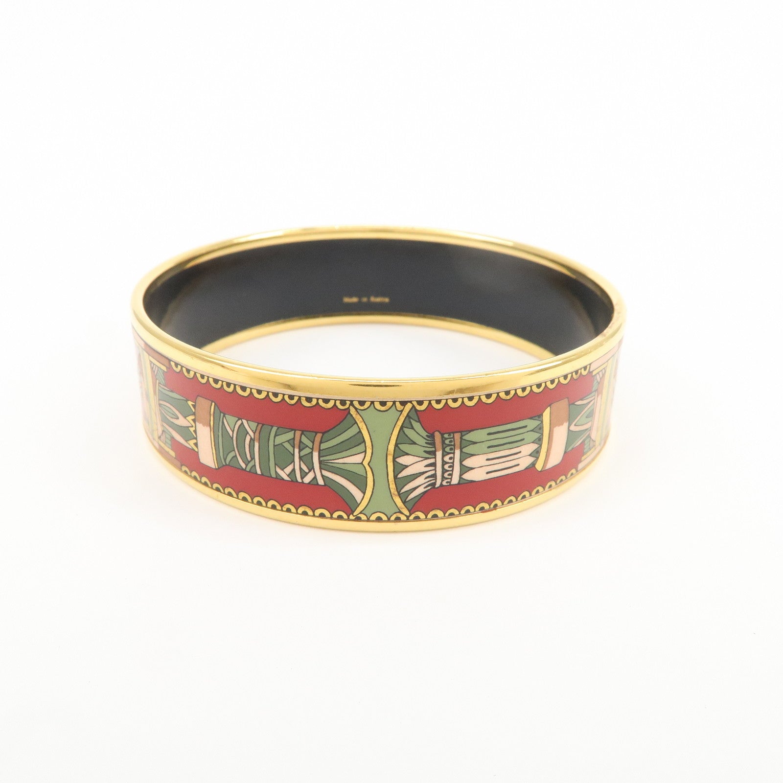 HERMES Email GM Gold Plated Bangle Bracelet Red Green