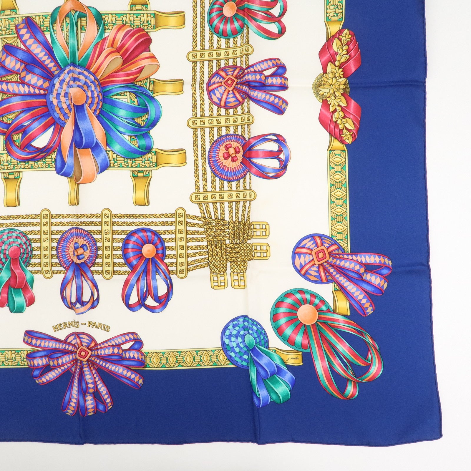 HERMES Carre 90 Silk 100% Scarf LES RUBANS DU CHEVAL Blue White