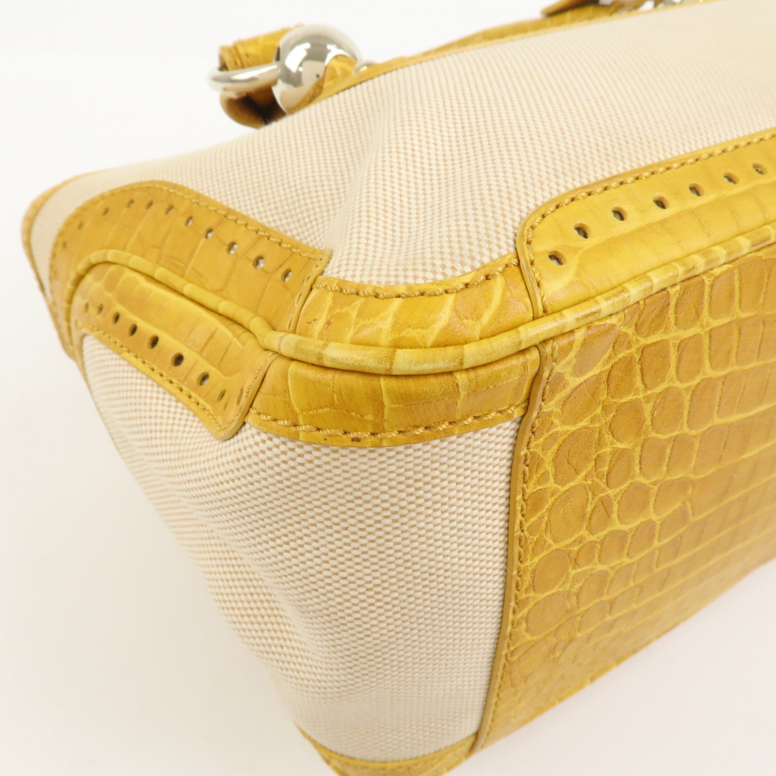 CELINE Boogie Bag Canvas Embossed Leather Hand Bag Natural Yellow