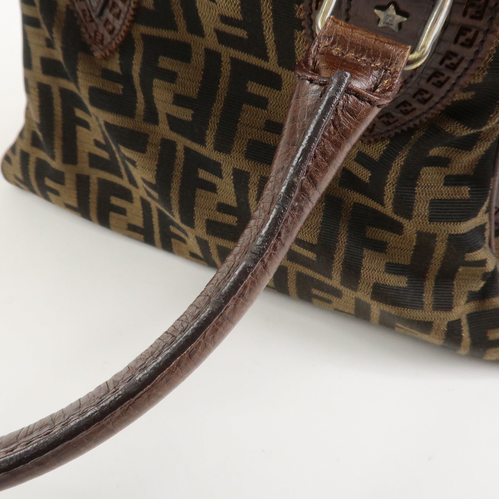 FENDI Etnico Canvas Leather Shoulder Bag Brown Black 8BN157