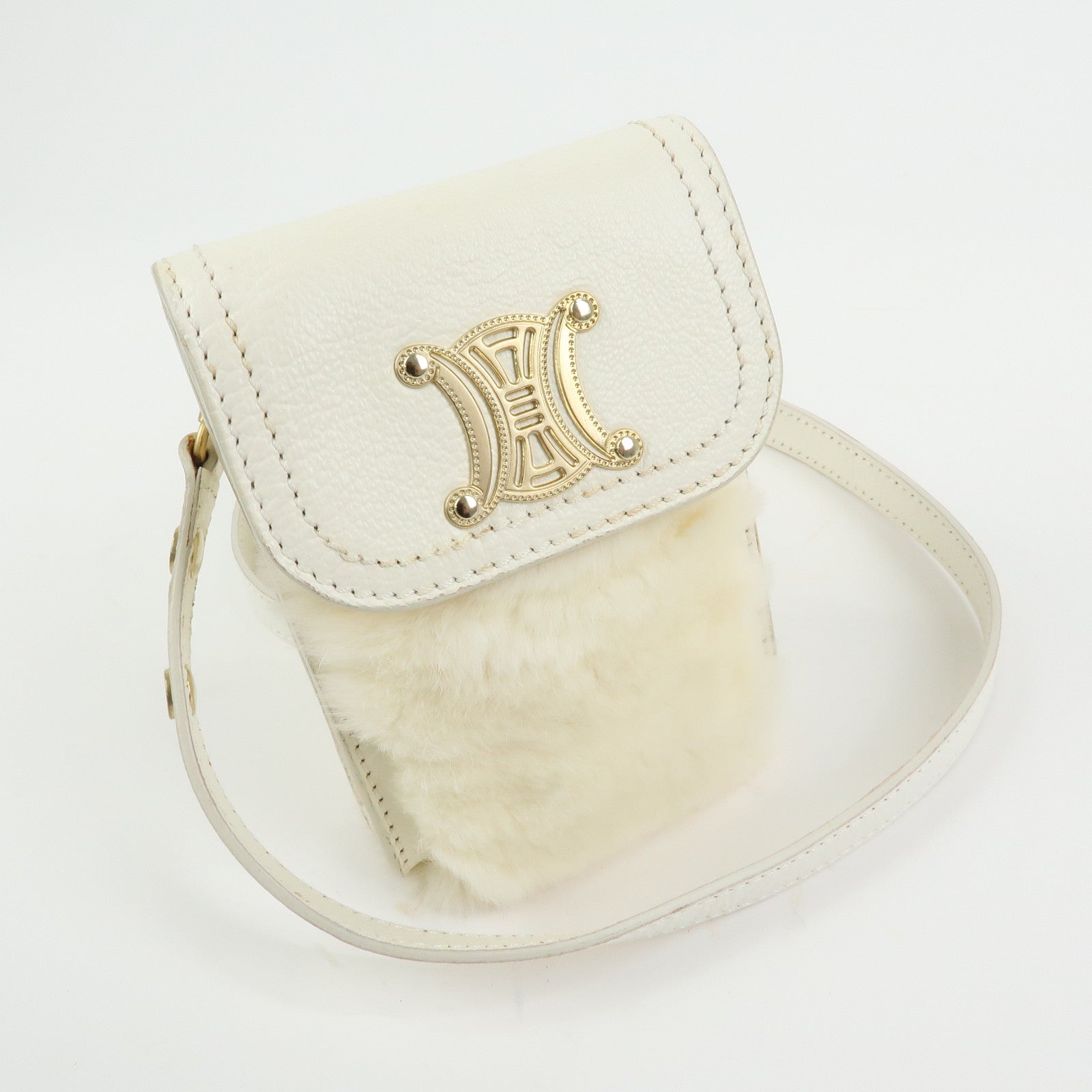 CELINE Triomphe Leather Lapin Fur Shoulder Bag Crossbody Bag Ivory