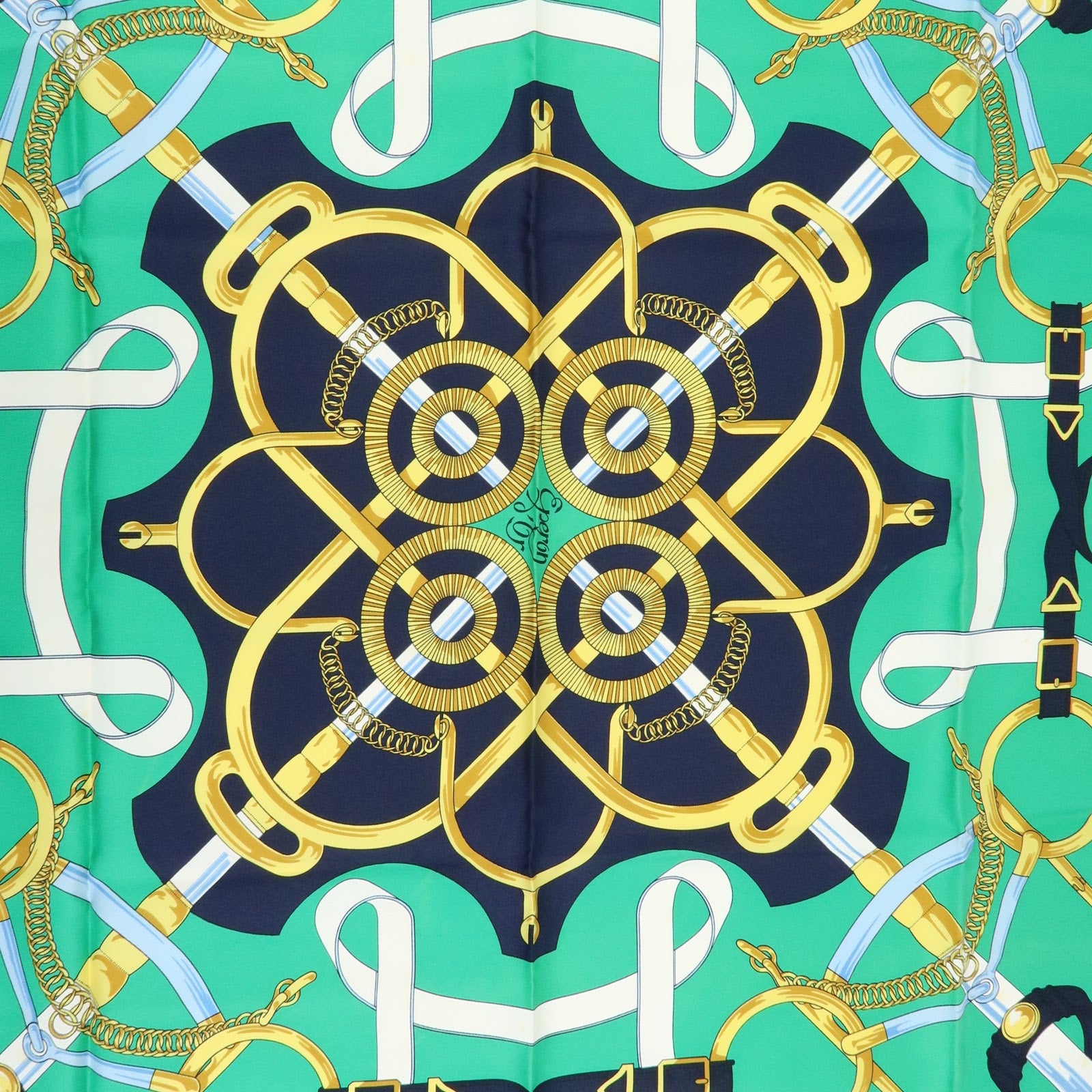 HERMES Carre 90 Silk 100% Scarf  Eperon d'or Navy Green Gold