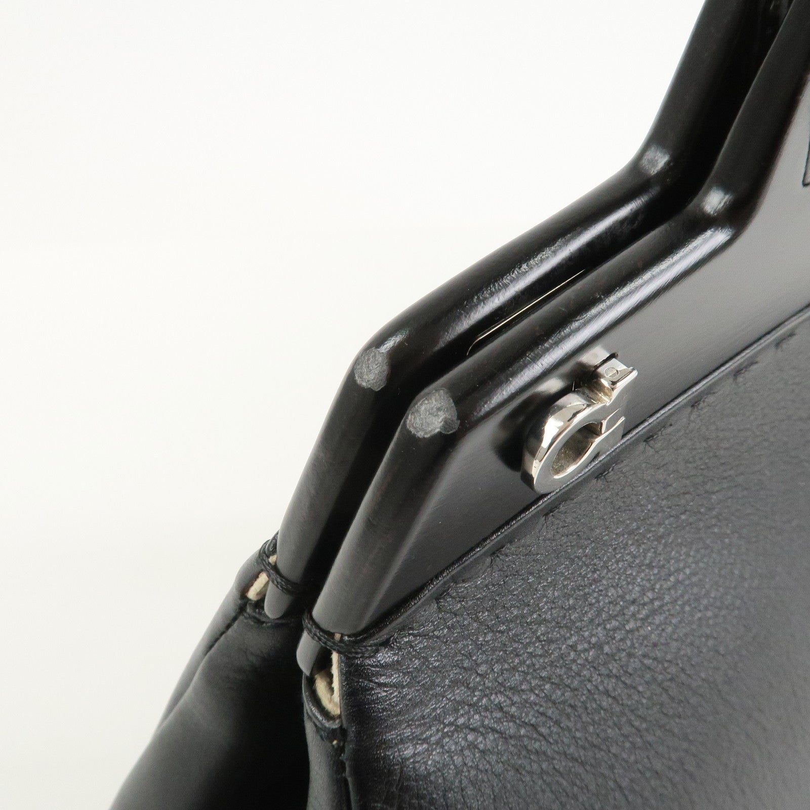 Ferragamo Gancini Leather Wood Shoulder Bag Hand Bag Black