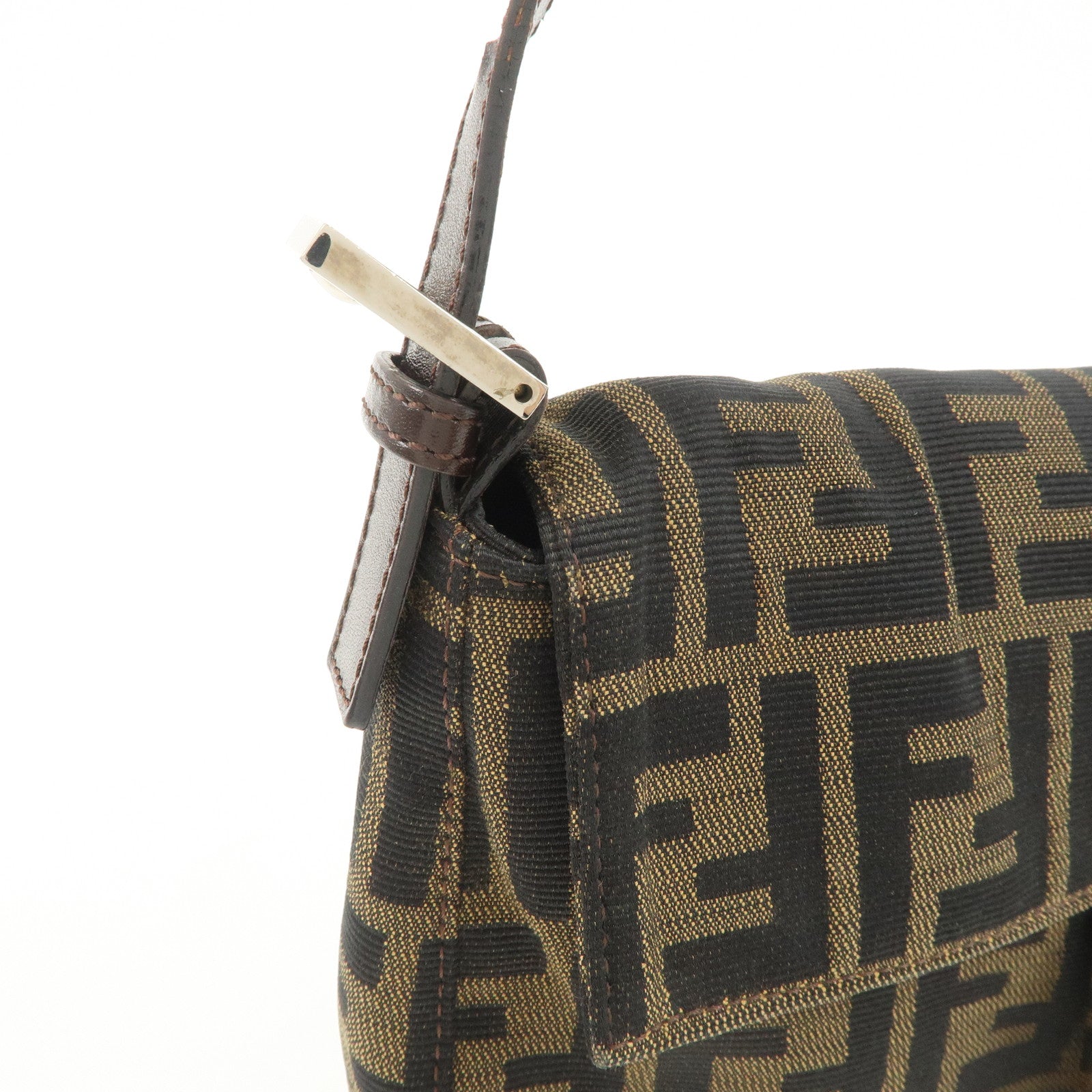 FENDI Mamma Baguette Zucca Canvas Leather Shoulder Bag Black Brown 26424