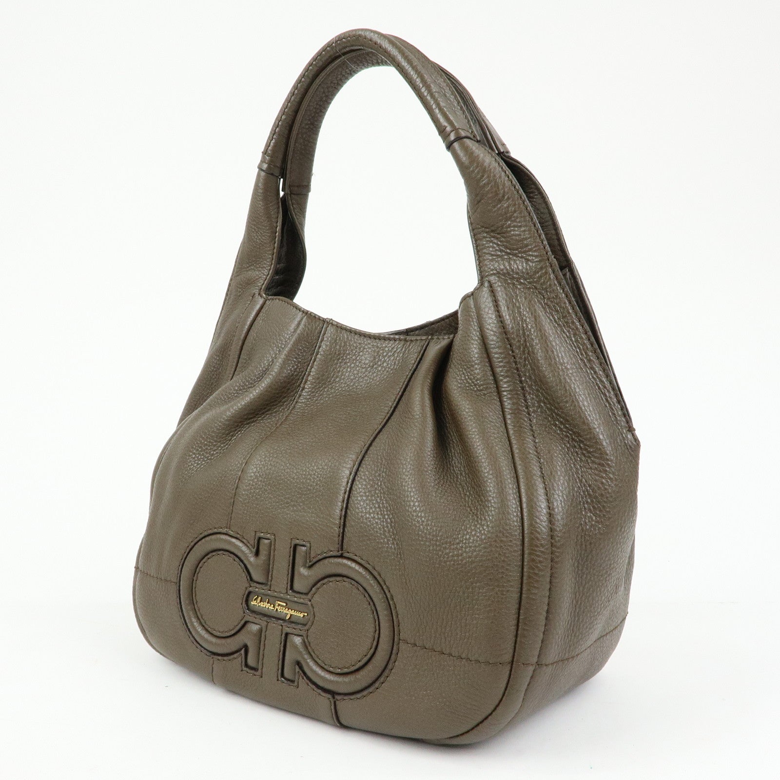Ferragamo Gancini Calf Leather Hand Bag Shoulder Bag Khaki