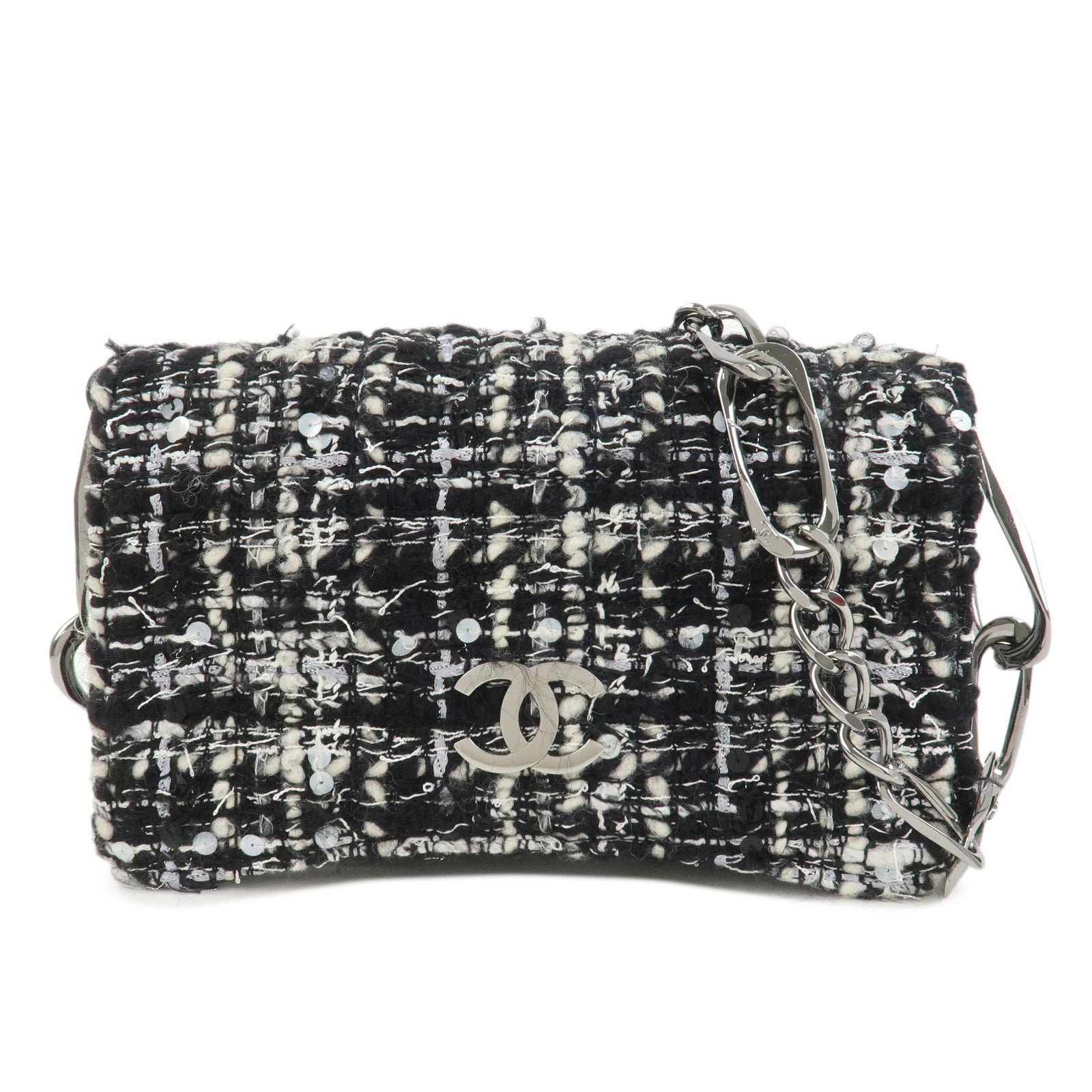 CHANEL Tweed Chain Shoulder Bag Hand Bag Black White 8645695