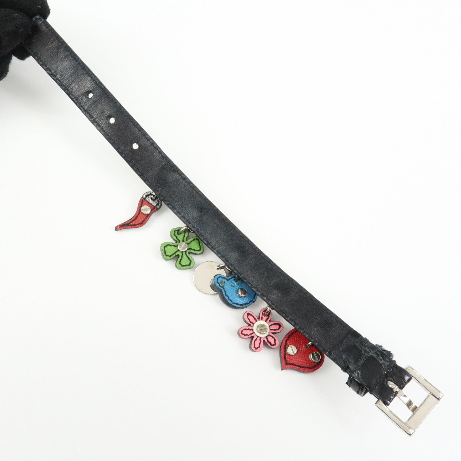 PRADA Patent Saffiano Leather Heart Flower Bear Bracelet Black