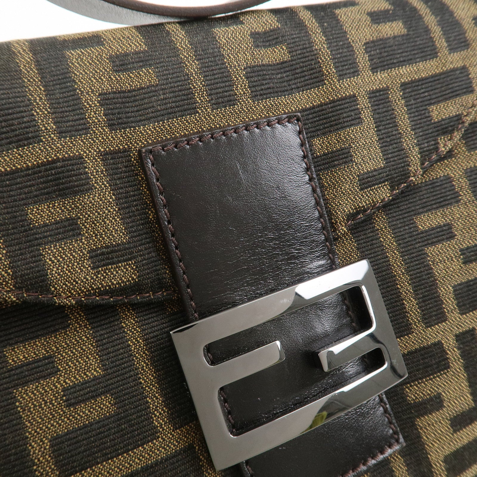 FENDI Mamma Baguette Zucca Leather Canvas Shoulder Bag Brown 8BR004