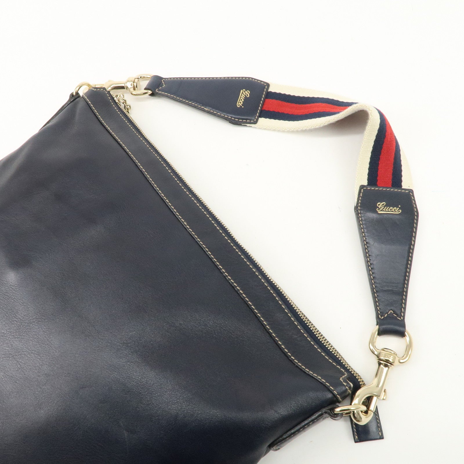 GUCCI Sherry Leather One Shoulder Bag Hand Bag Dark Navy Gold Hardware Used