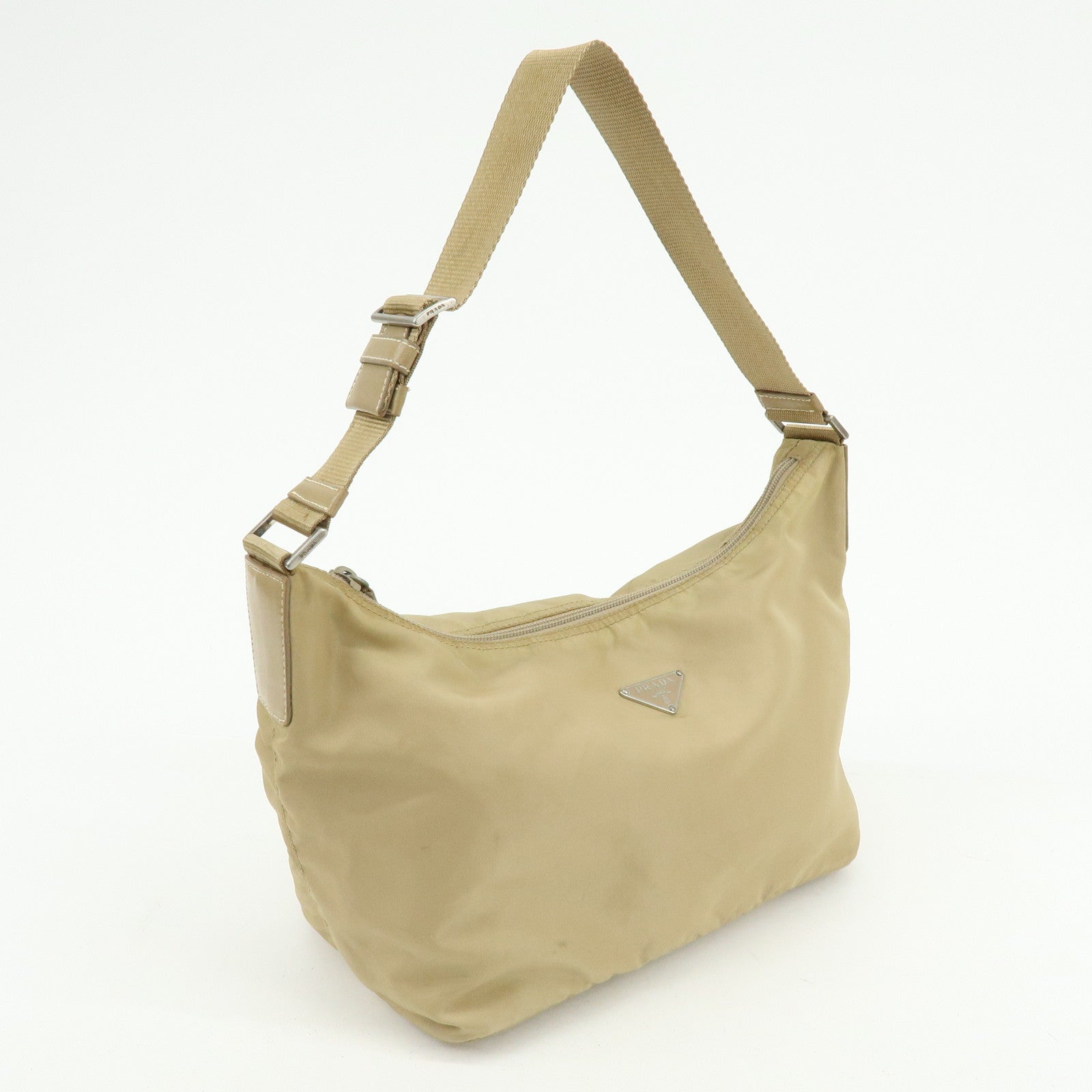 PRADA Triangle Logo Nylon Leather Shoulder Bag Hand Bag Beige