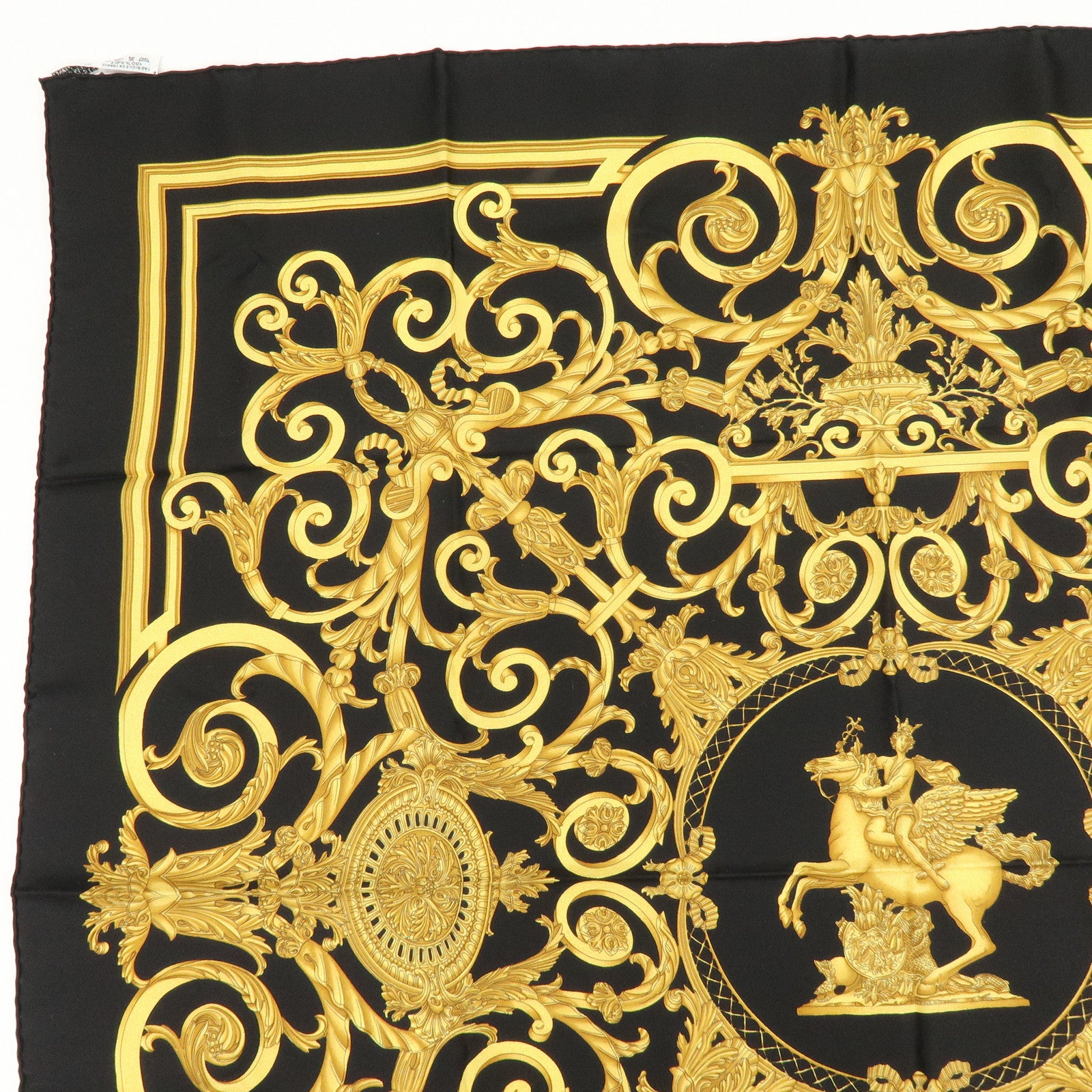 HERMES Carre 90 Silk 100% Scarf LES TUILERIES Black Gold