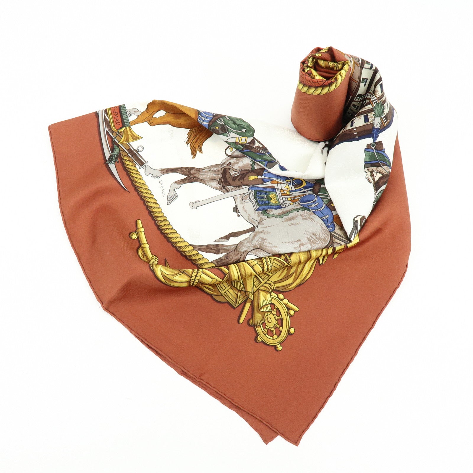 HERMES Carre 90 Silk 100% Scarf MARINE ET CAVALERIE Brown