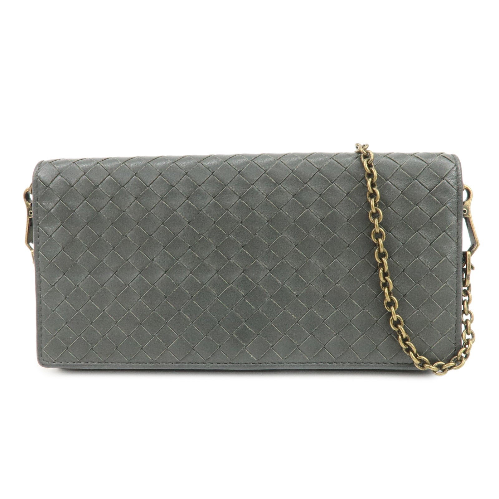 BOTTEGA VENETA Intrecciato Leather Chain Long Wallet Gray