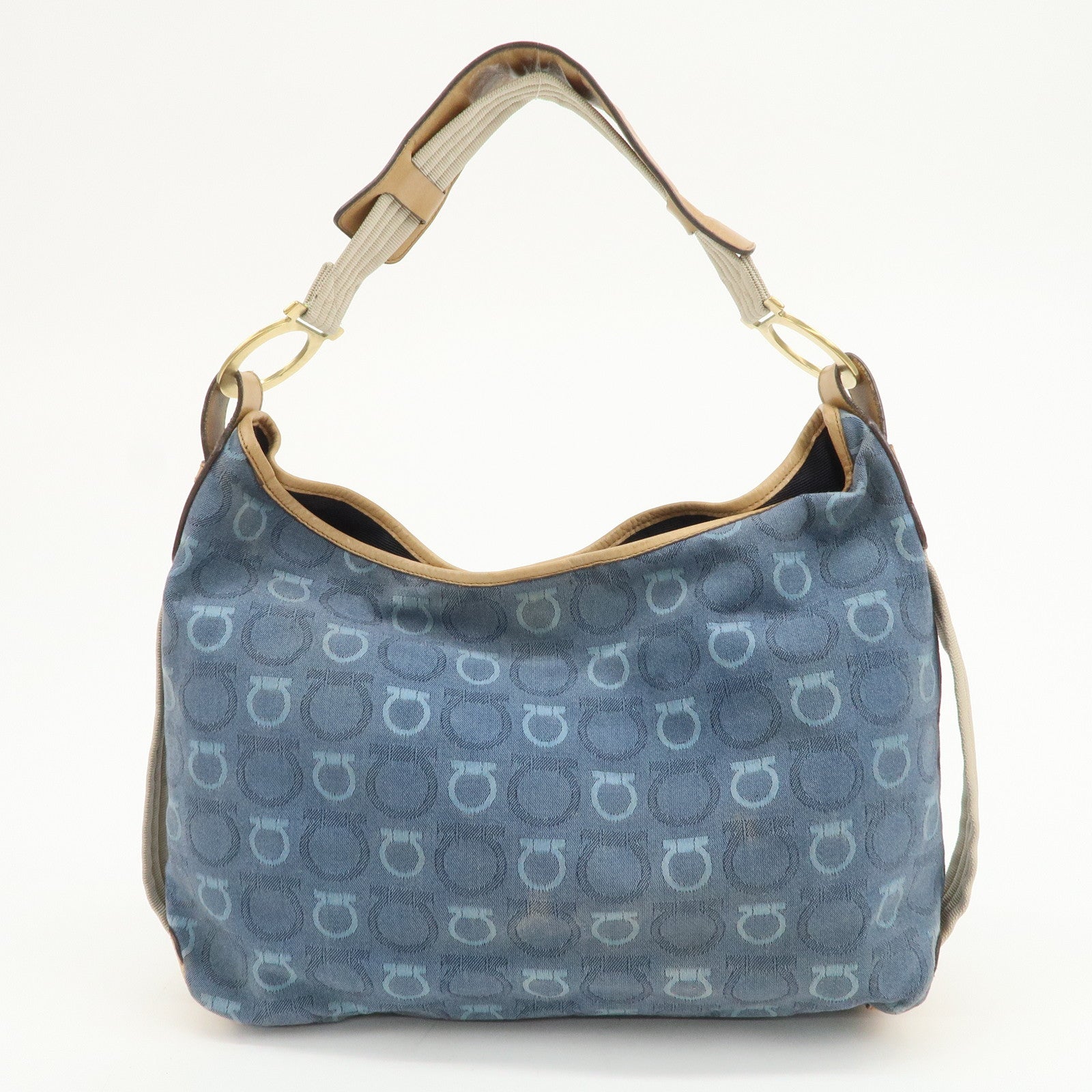 Ferragamo Gancini Canvas Leather Shoulder Bag Hand Bag Blue Beige
