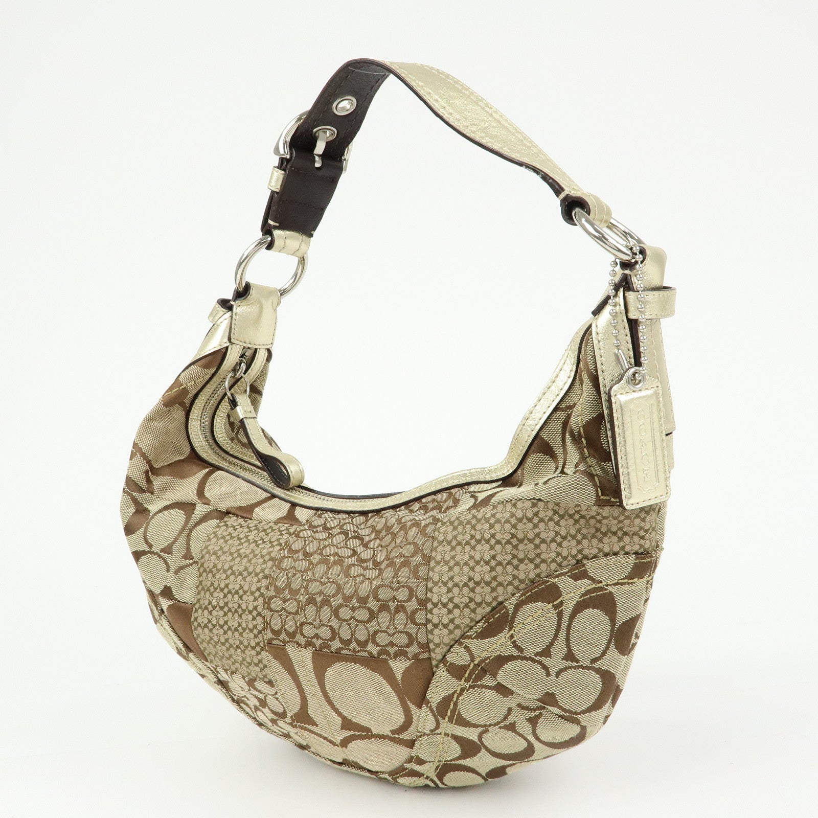 COACH Signature Patchwork Canvas Leather Shoulder Bag Beige Gold