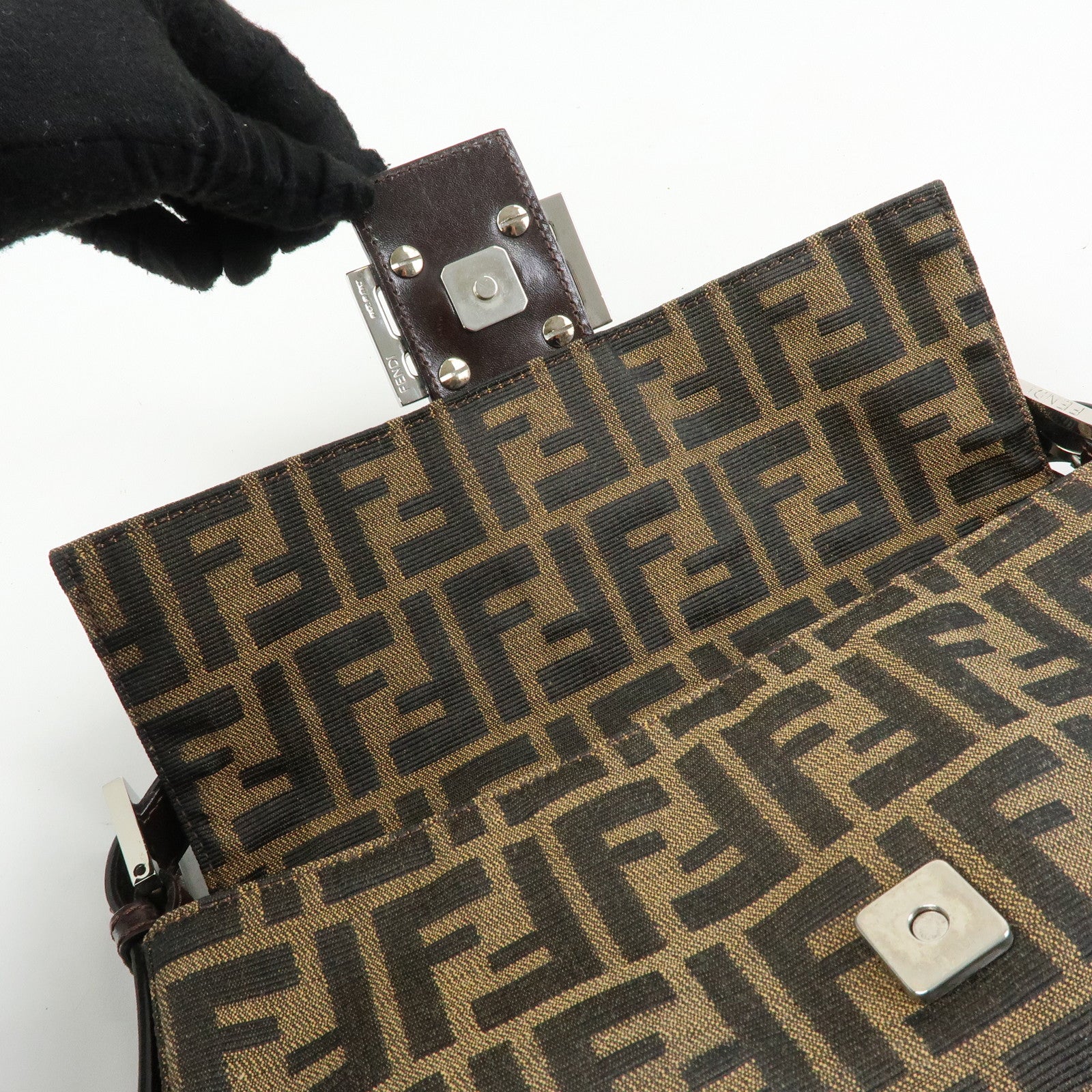 FENDI Mamma Baguette Zucca Canvas Leather Shoulder Bag Brown 26424