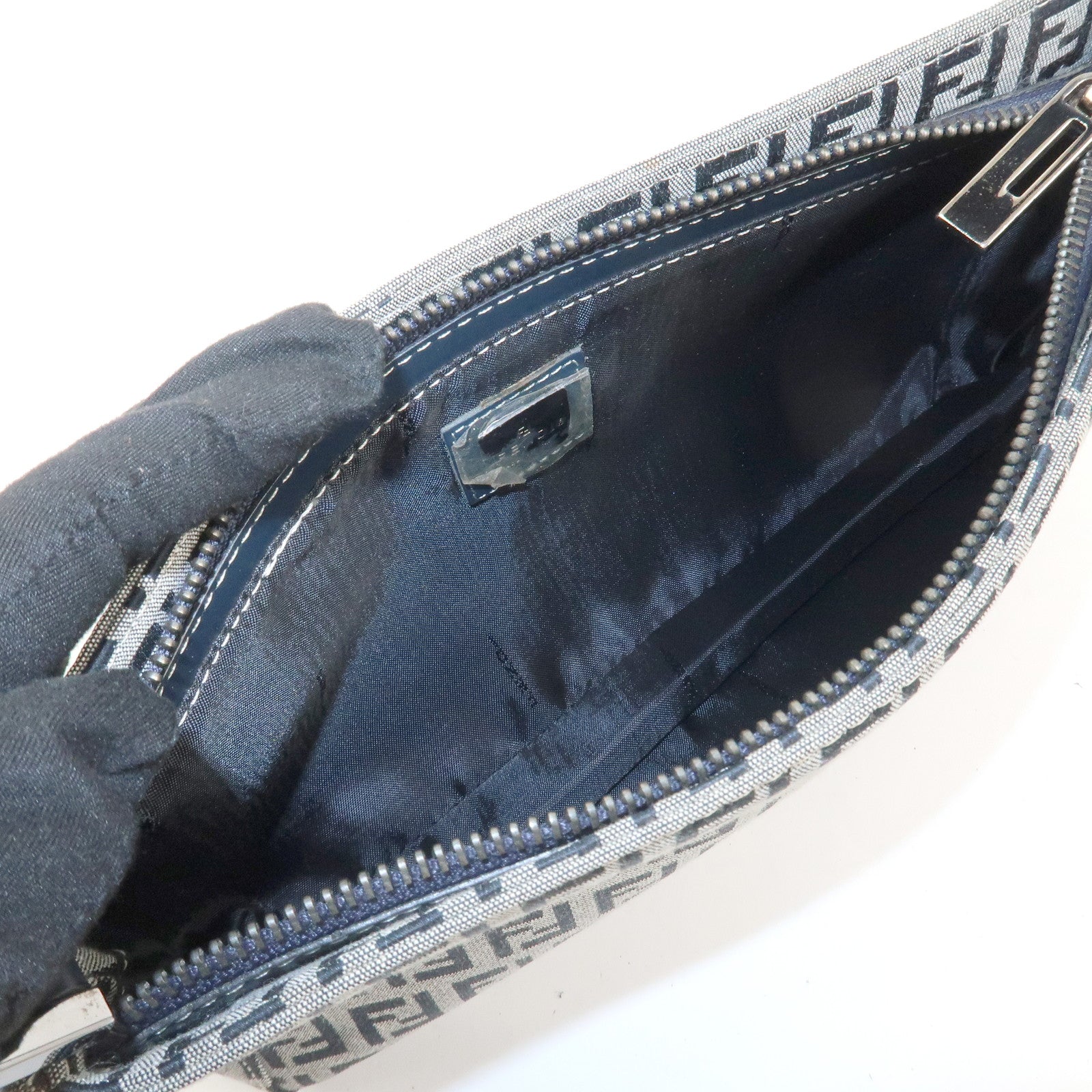 FENDI Zucchino Canvas Leather Shoulder Bag Hand Bag Navy 8BR042