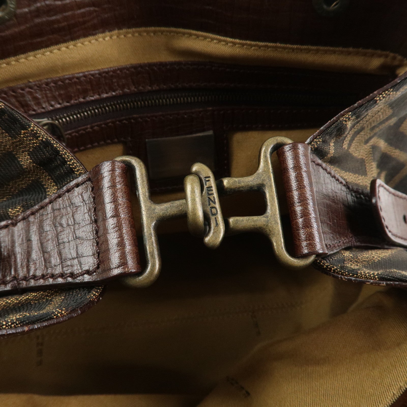 FENDI Etnico Canvas Leather Shoulder Bag Brown Black 8BN157