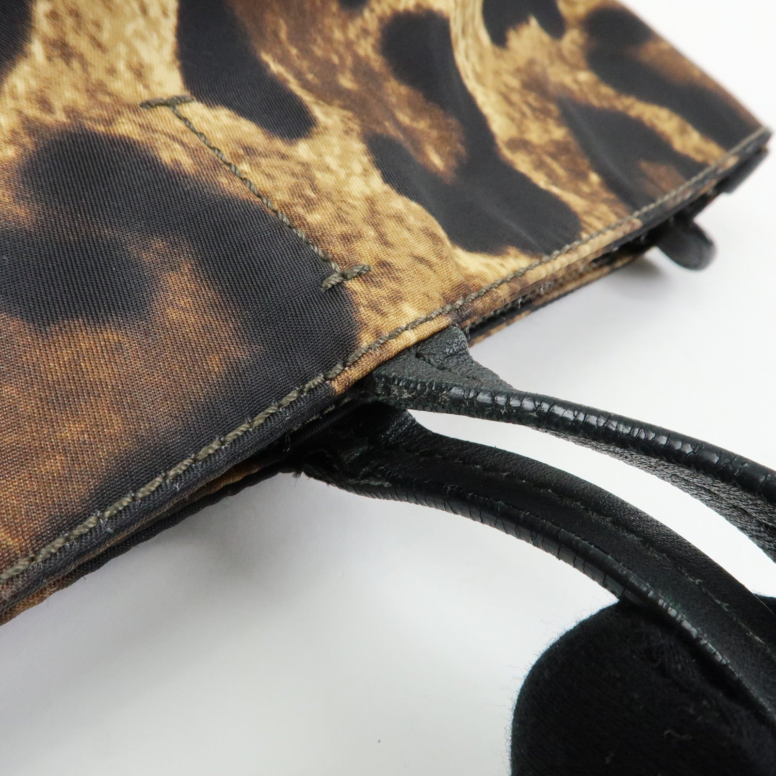 Ferragamo Gancini Nylon Leather Leopard Tote Bag Shoulder Bag Brown