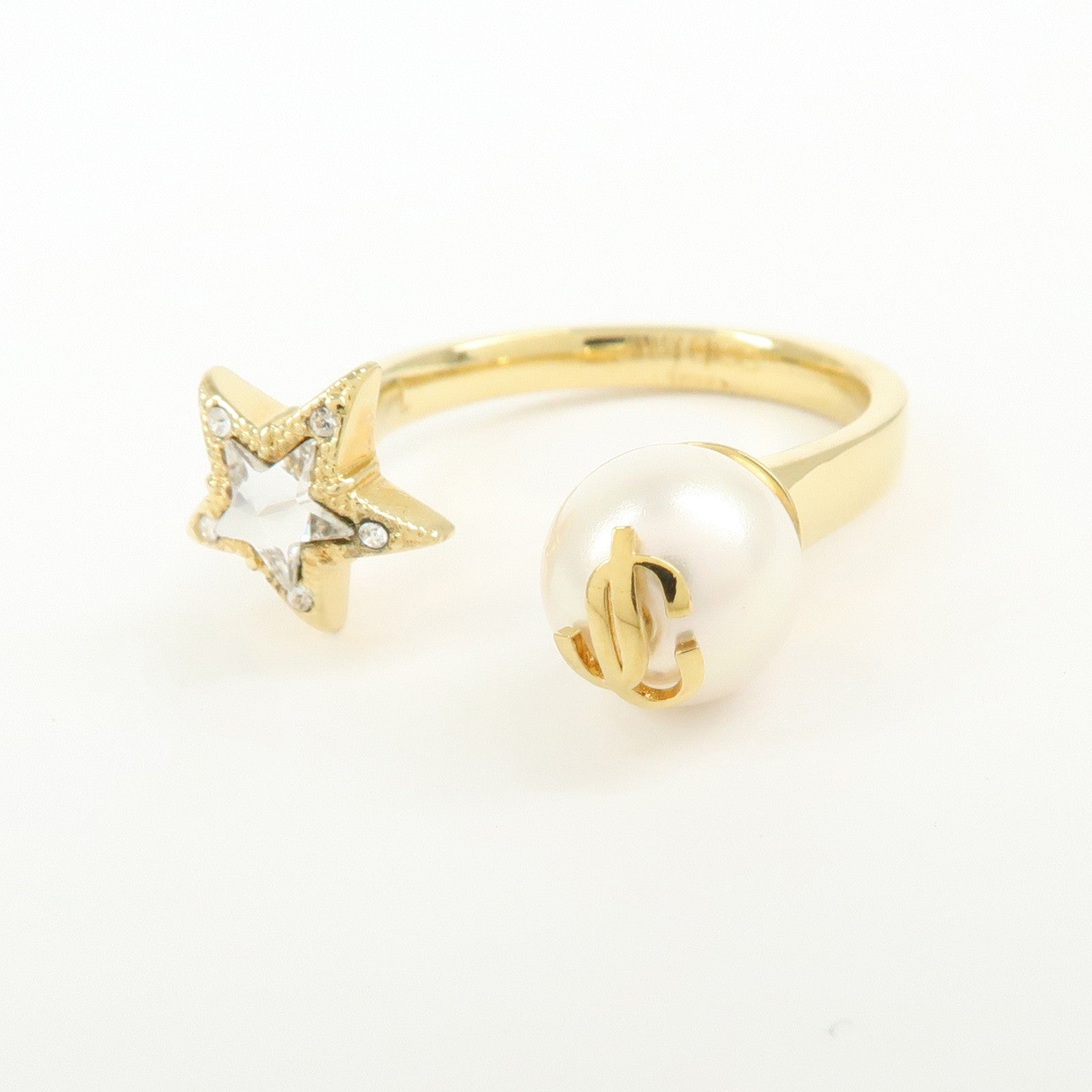 JIMMY CHOO Faux Pearl Crystal Metal Ring Gold Pearl White US8 EU56