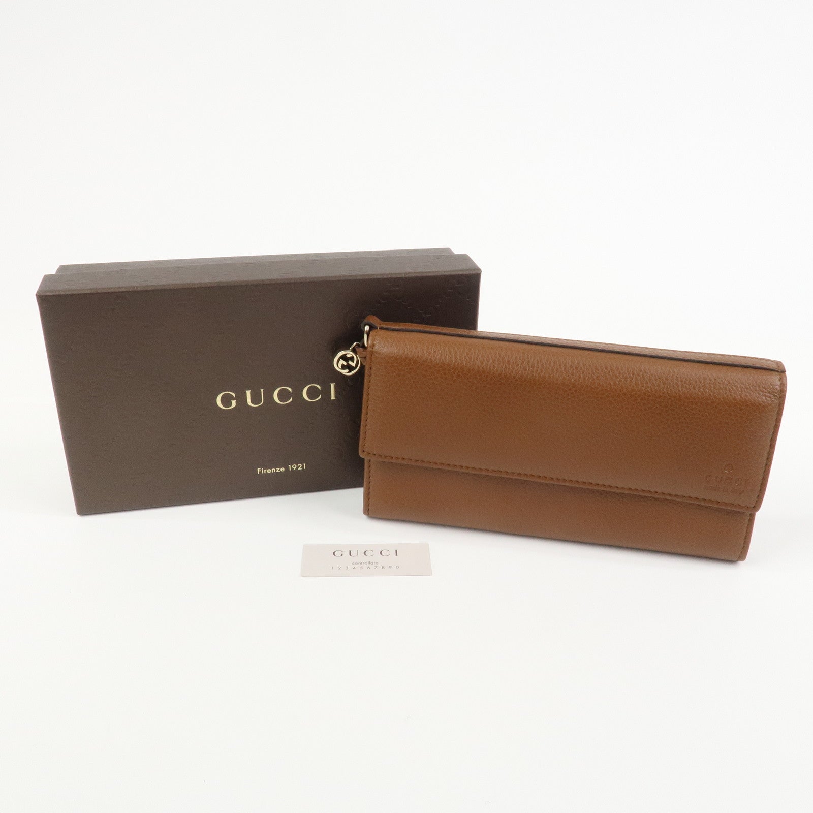 GUCCI Logo Leather Flap Long Wallet Brown 323396