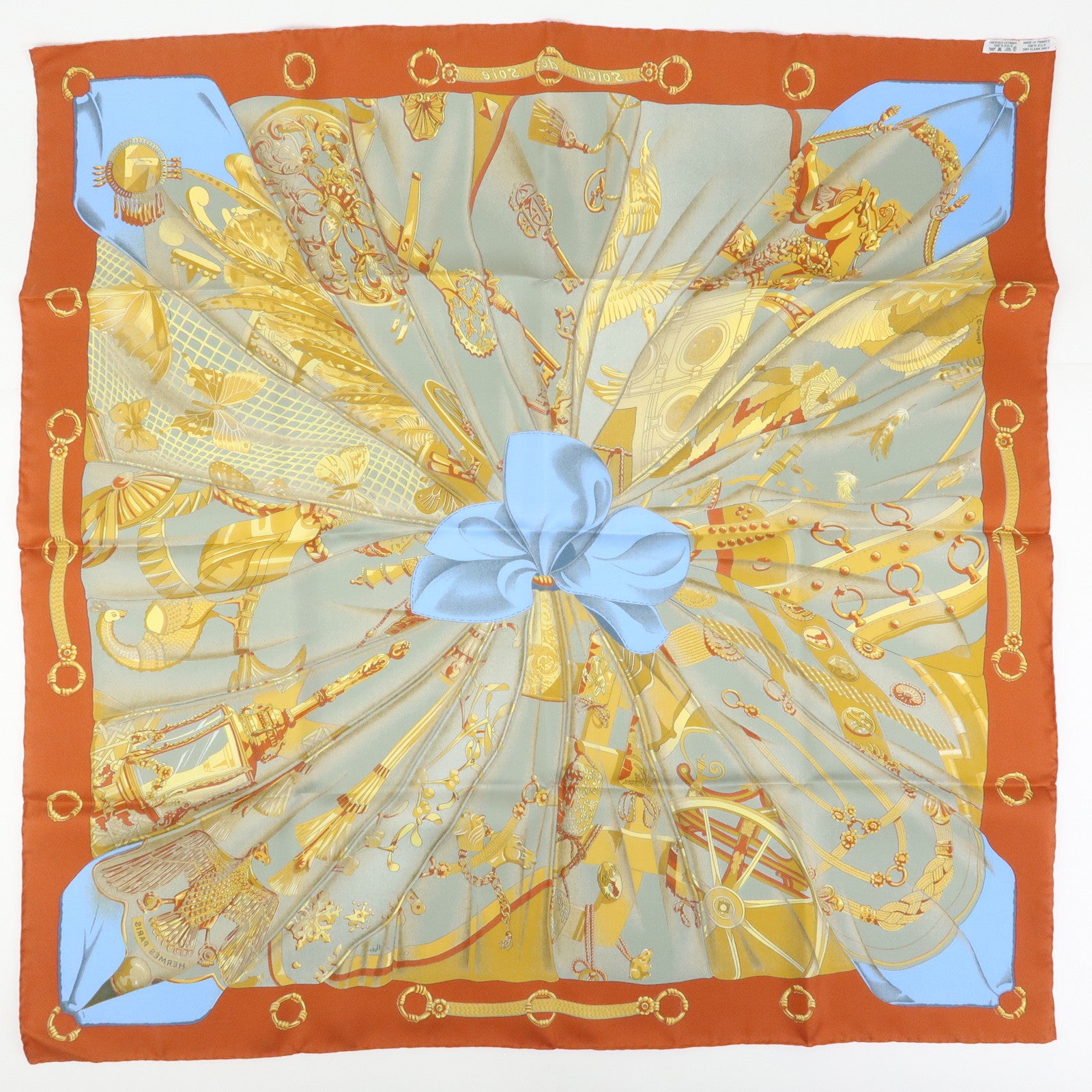 HERMES Carre 90 Silk 100% Soleil de Soie Scarf Gold Brown Blue
