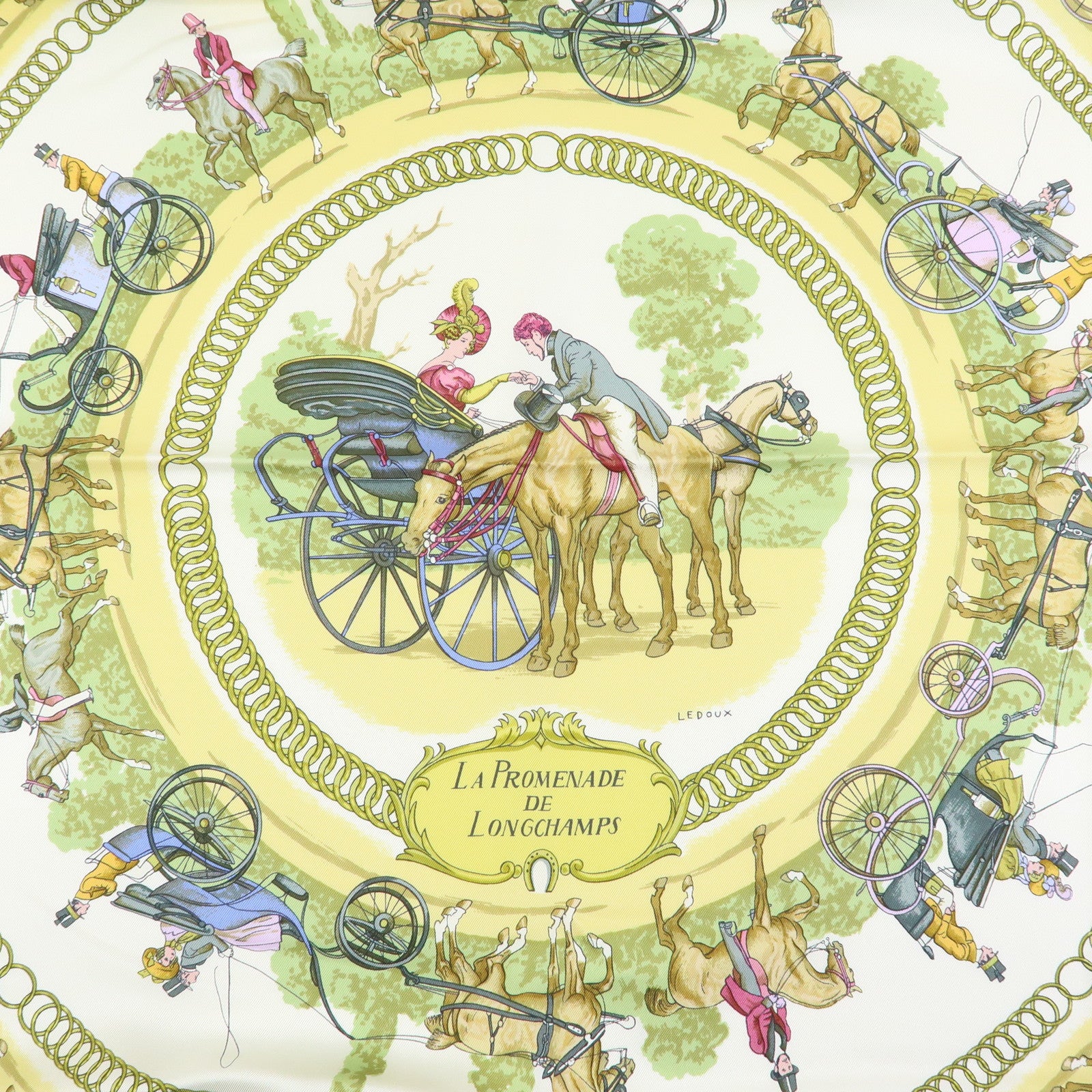 HERMES Carre 90 Silk 100% Scarf LA PROMENADE DE LONGCHAMPS