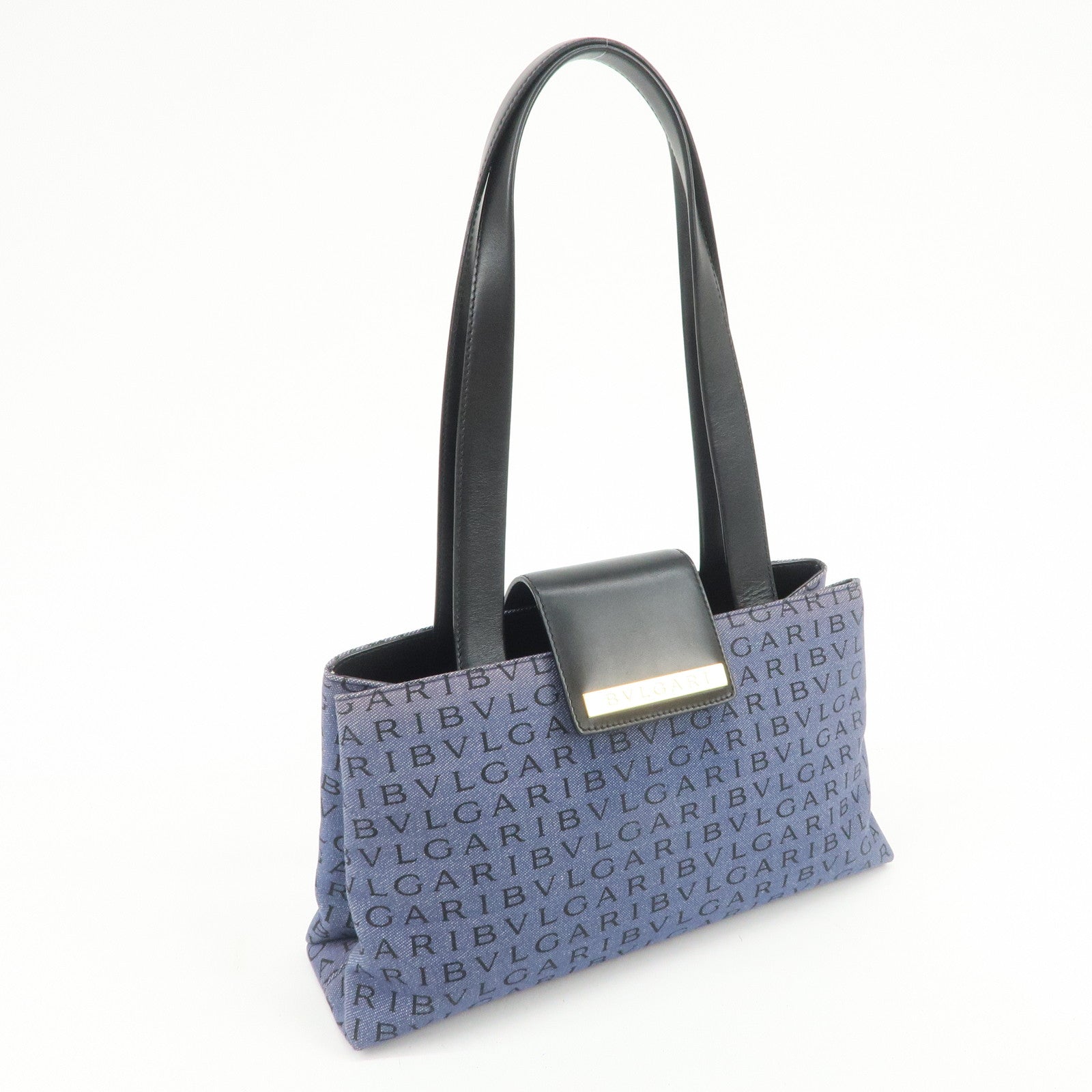 BVLGARI Logo Mania Denim Leather Shoulder Bag Hand Bag Blue Black