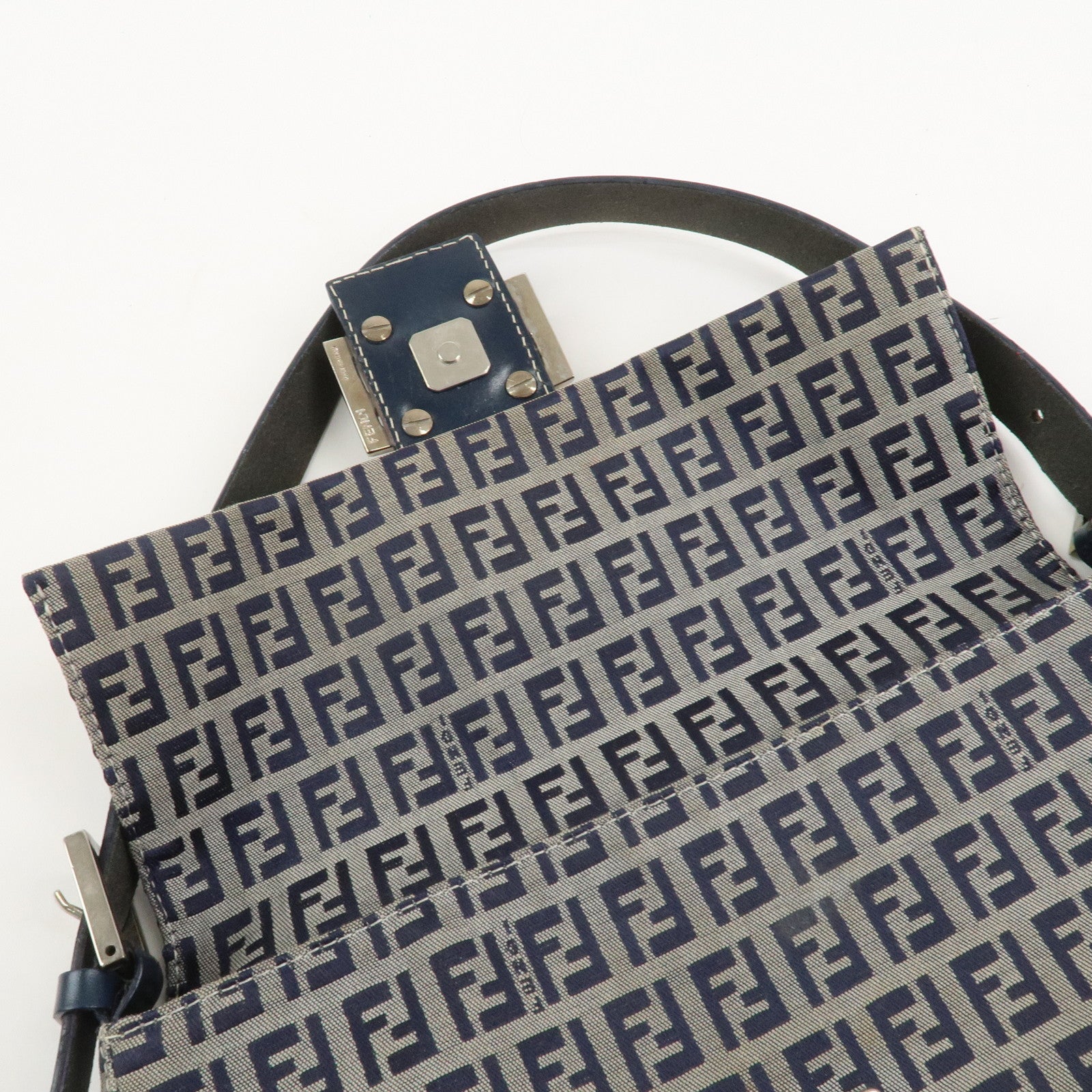 FENDI Mamma Baguette Zucchino Canvas Shoulder Bag Navy 26424