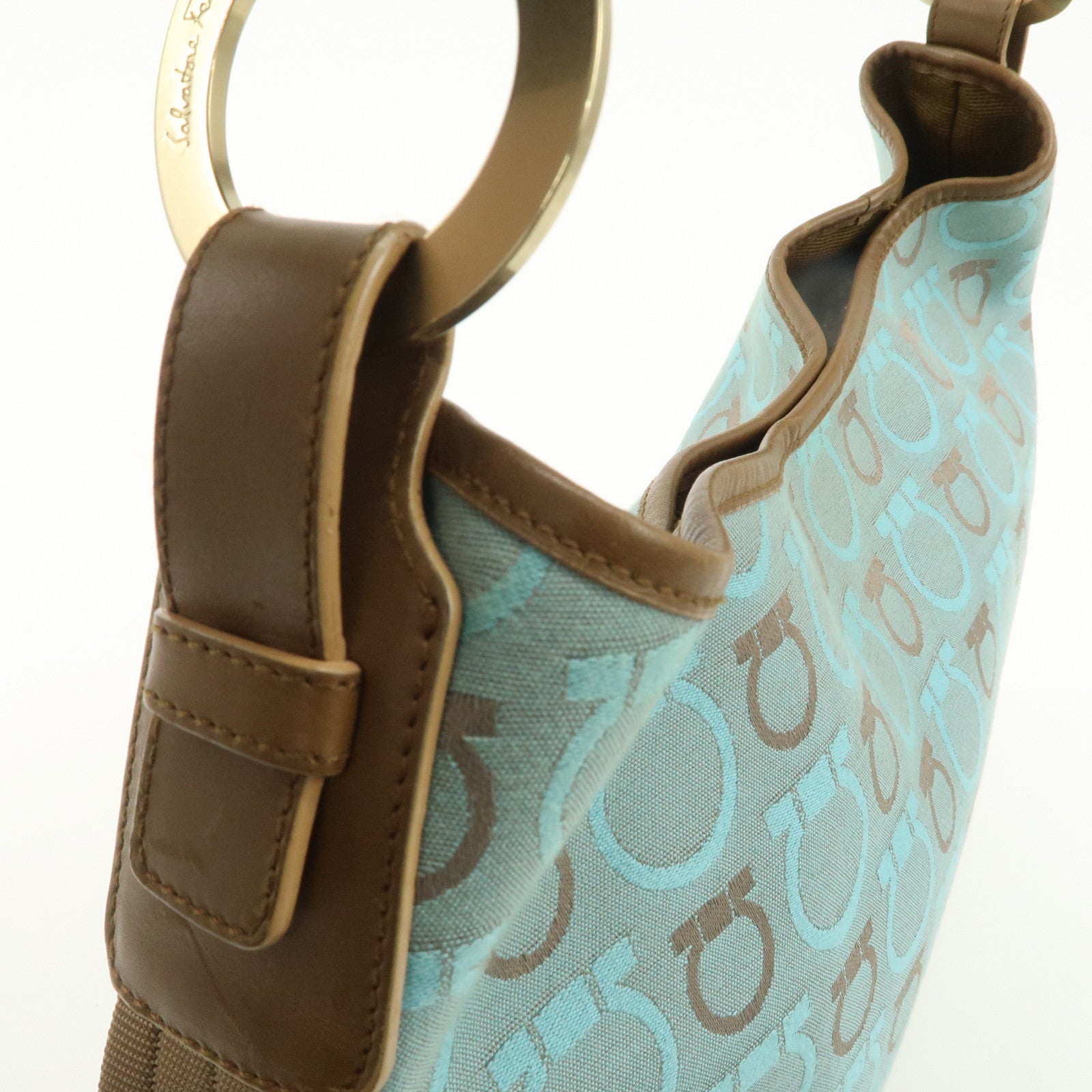 Ferragamo Gancini Canvas Leather Shoulder Bag Light Blue Brown