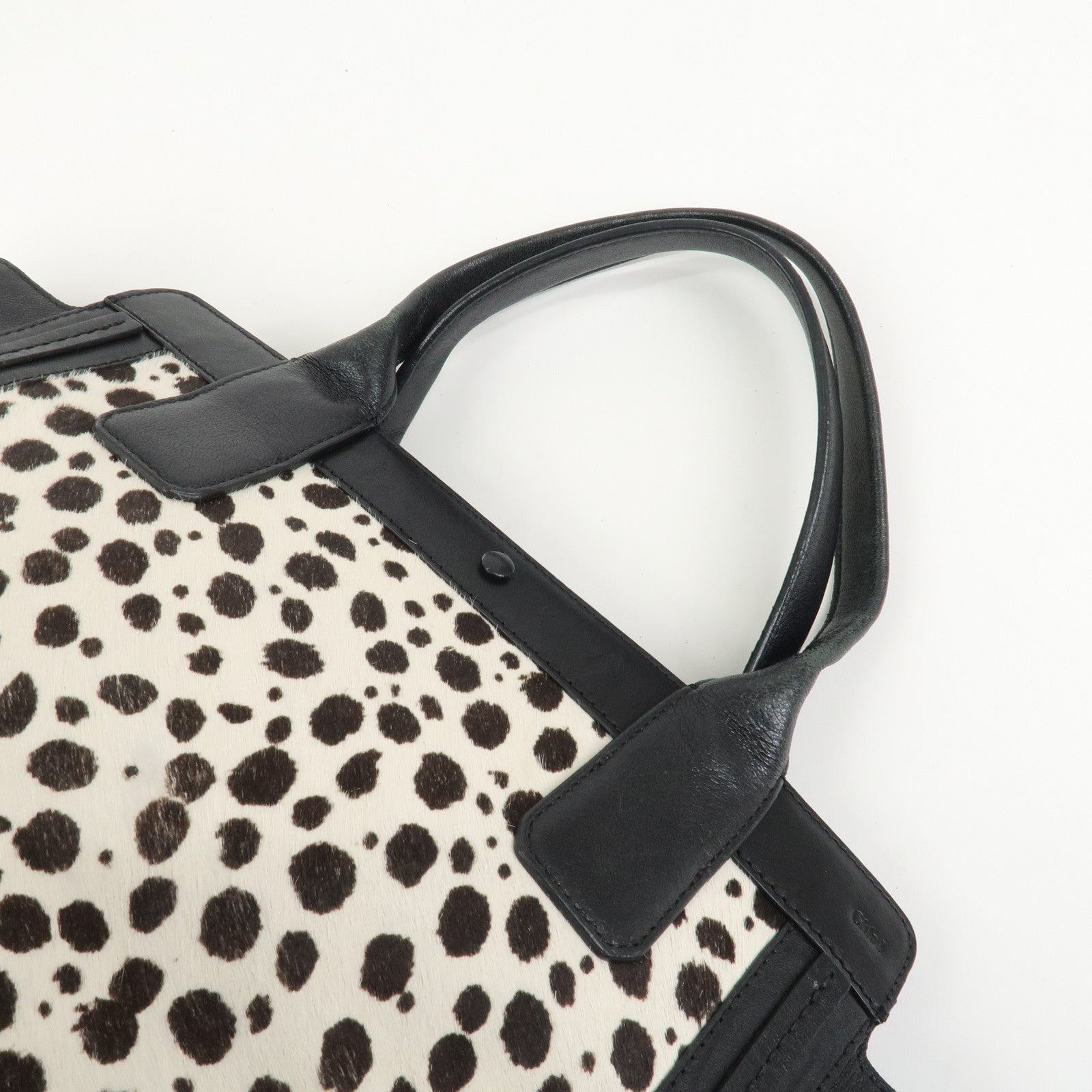 Chloe Alison Unborn Calf Leather Dalmatian Tote Bag Black Ivory