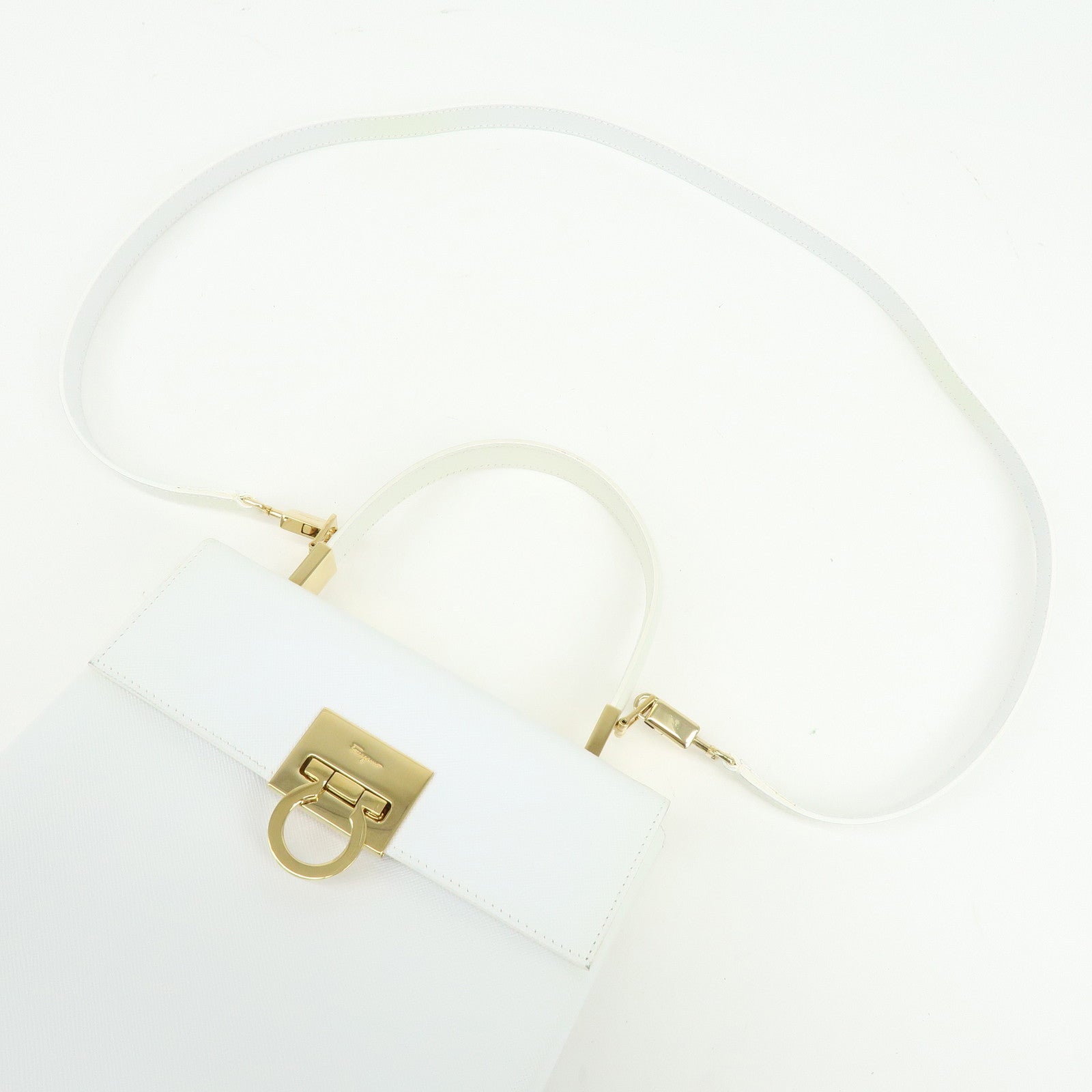 Ferragamo Gancini Leather 2Way Bag Hand Bag Shoulder Bag White