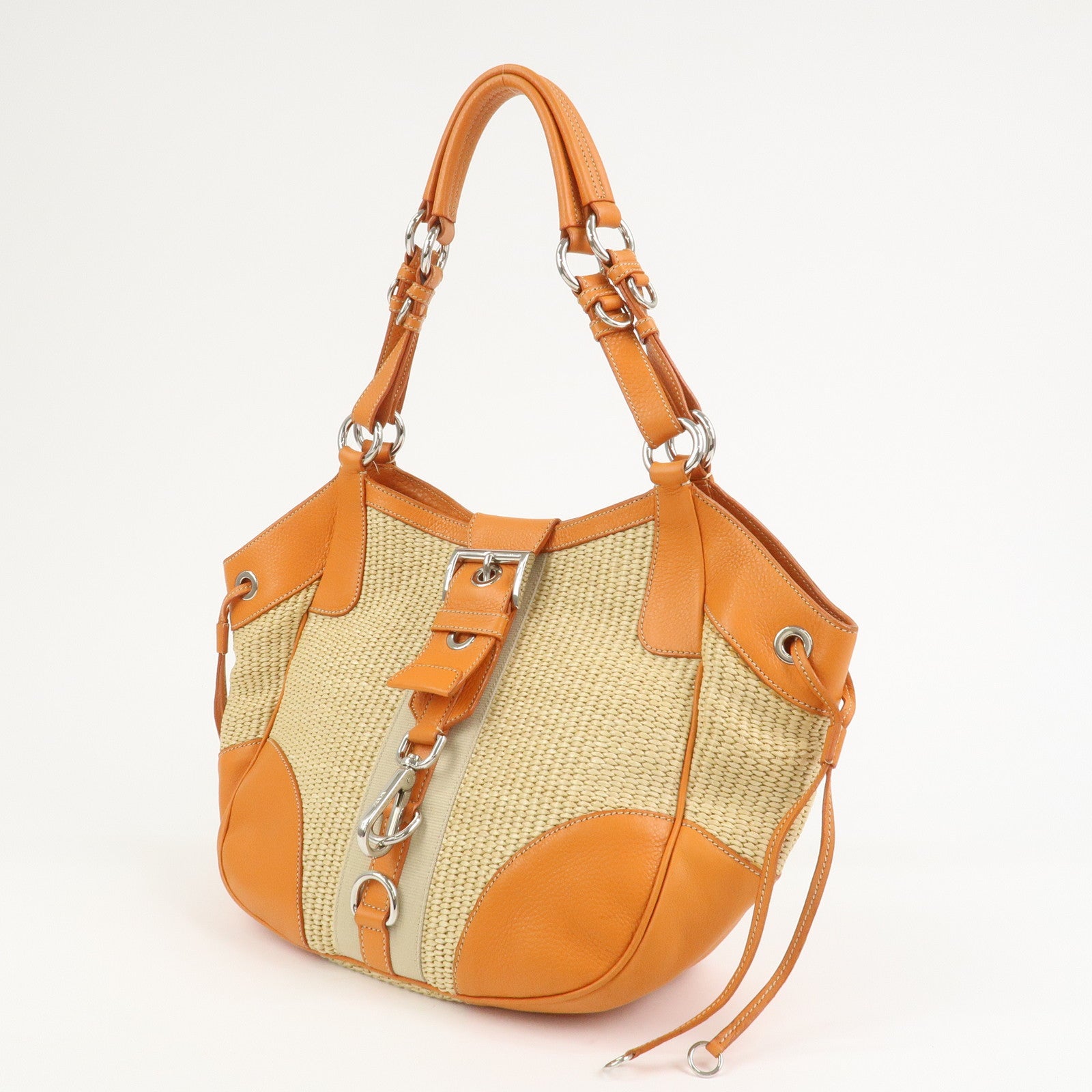 PRADA Logo Raffia Leather Shoulder Bag Hand Bag Orange BR2923