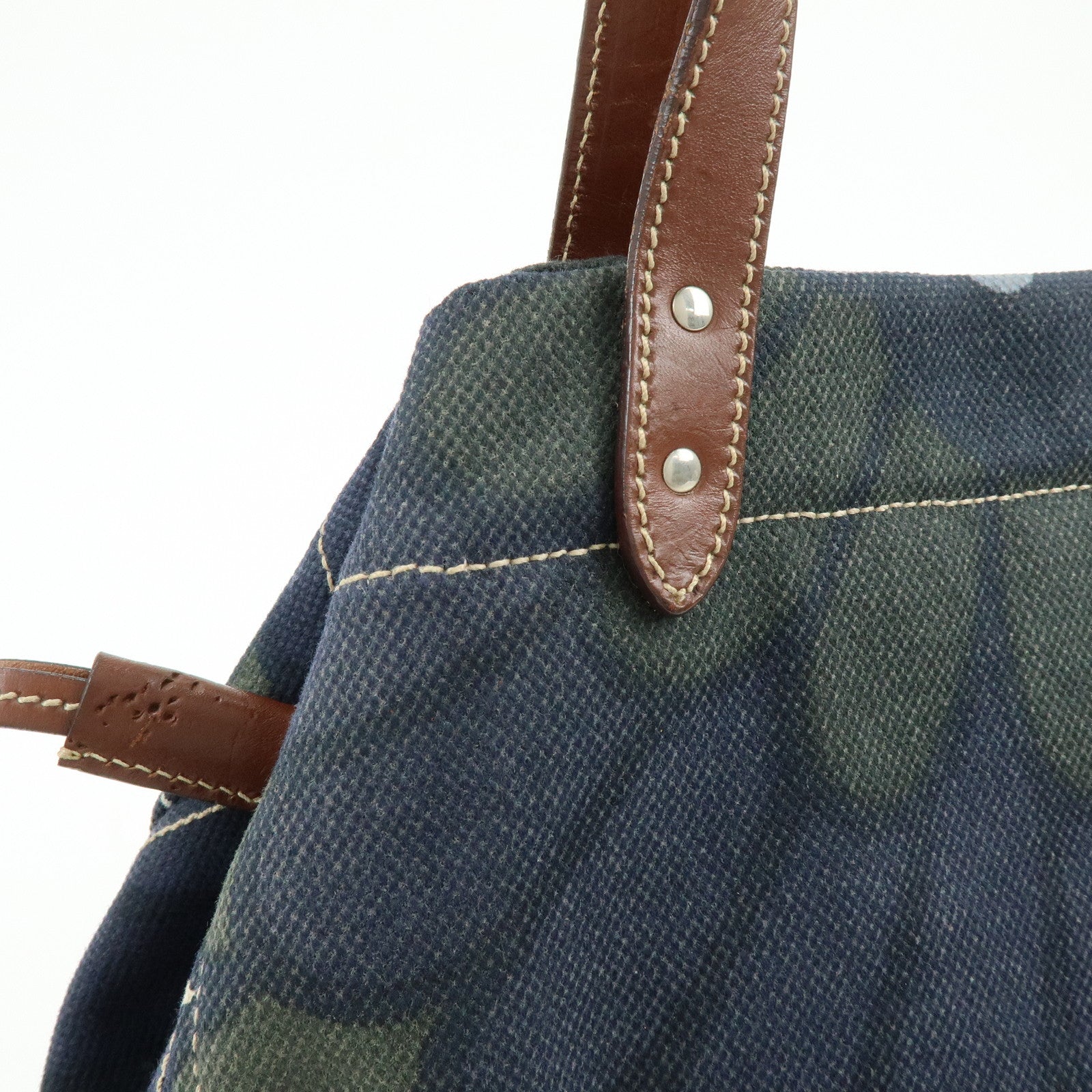 MIU MIU Canvas Leather Tote Bag Shoulder Bag Flower Motif Navy